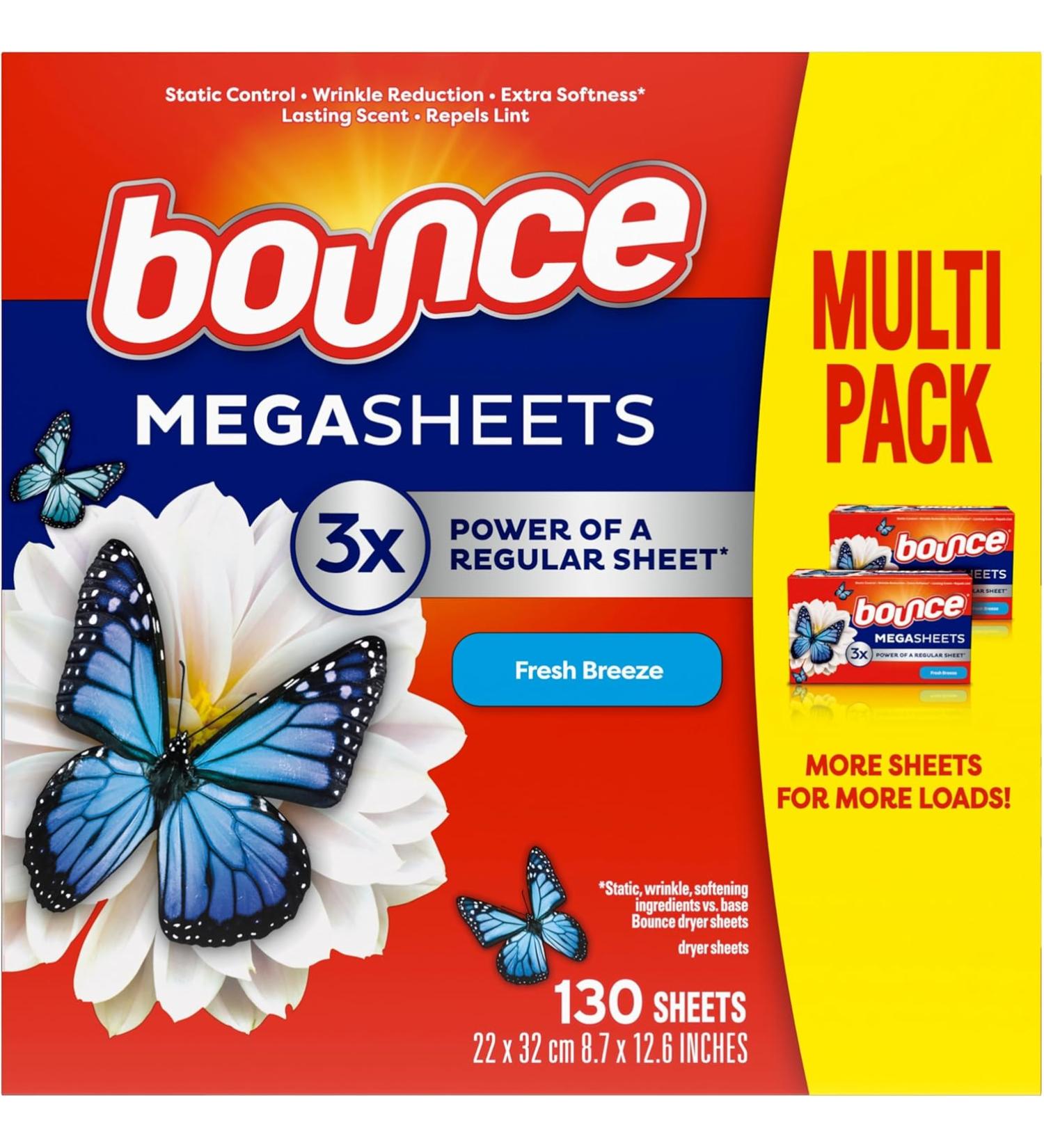 Bounce WrinkleGuard Mega Fabric Softener Dryer Sheets - 130 ct, Outdoor Fresh Scent - Buy Online on GoSupps.com
