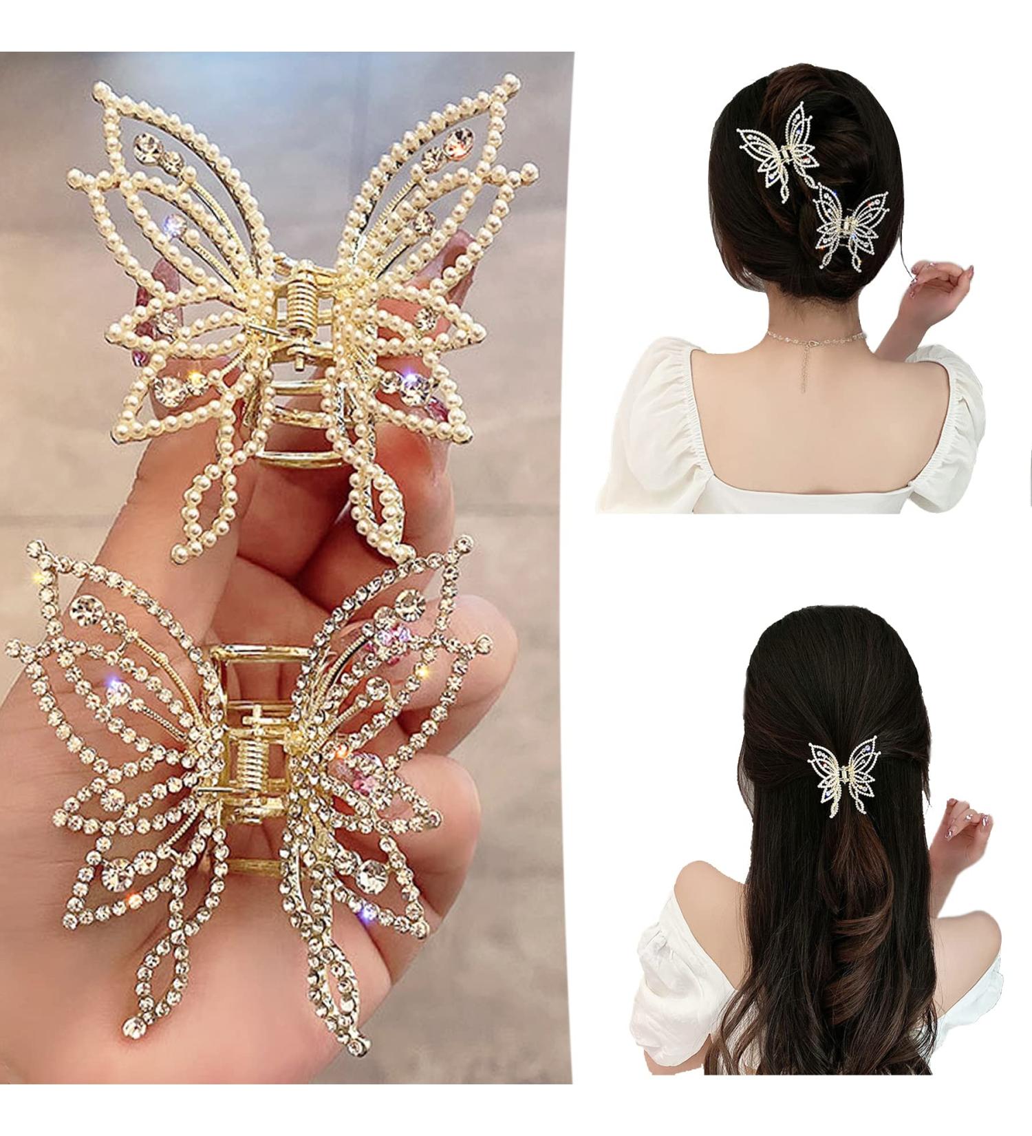 2PCS Medium Hair Claw Clips - Non Slip Butterfly Style Rhinestone Pearl Decor Barrettes for Thin & Thick Hair - Buy Online on GoSupps.com