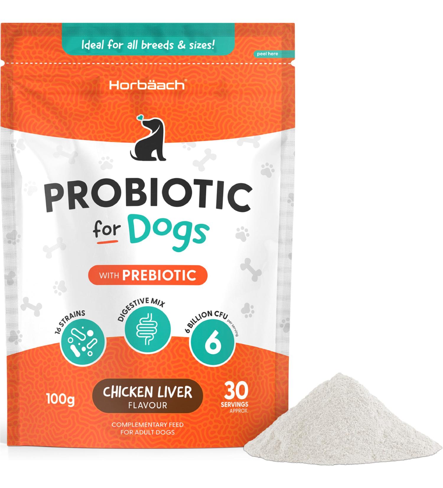 Dog Probiotic Powder with Prebiotic | Chicken Liver Flavour | Digestive Health Mix with 6 Billion CFU | 100g | by Horbaach - Buy Online on GoSupps.com