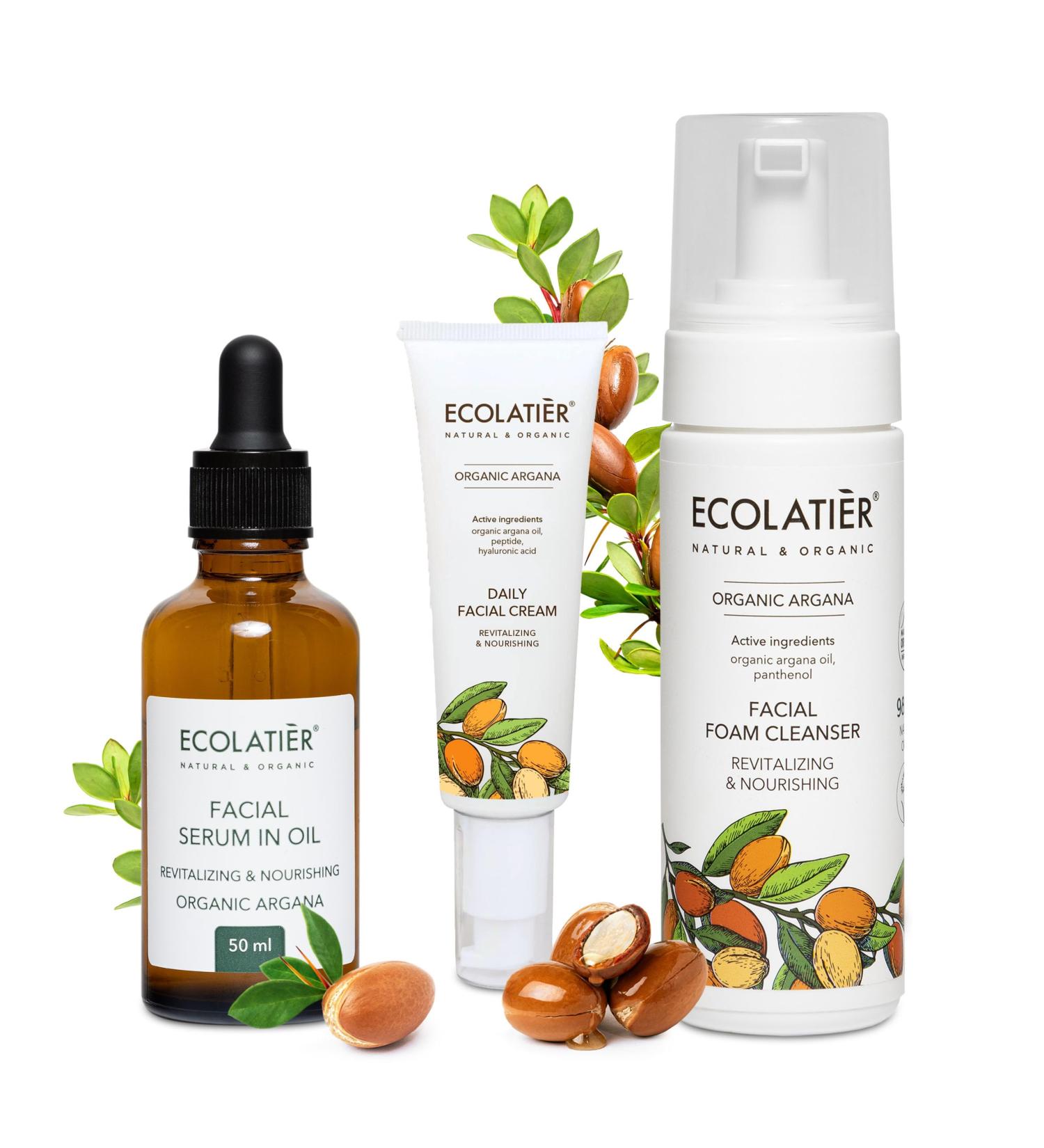 ECOLATI R Facial Foam Cleanser Serum in Oil and Daily Cream with Organic Argana - Revitalizing & Nourishing Skin Care Set for Hydration Elasticity and Anti-Aging - Buy Online on GoSupps.com