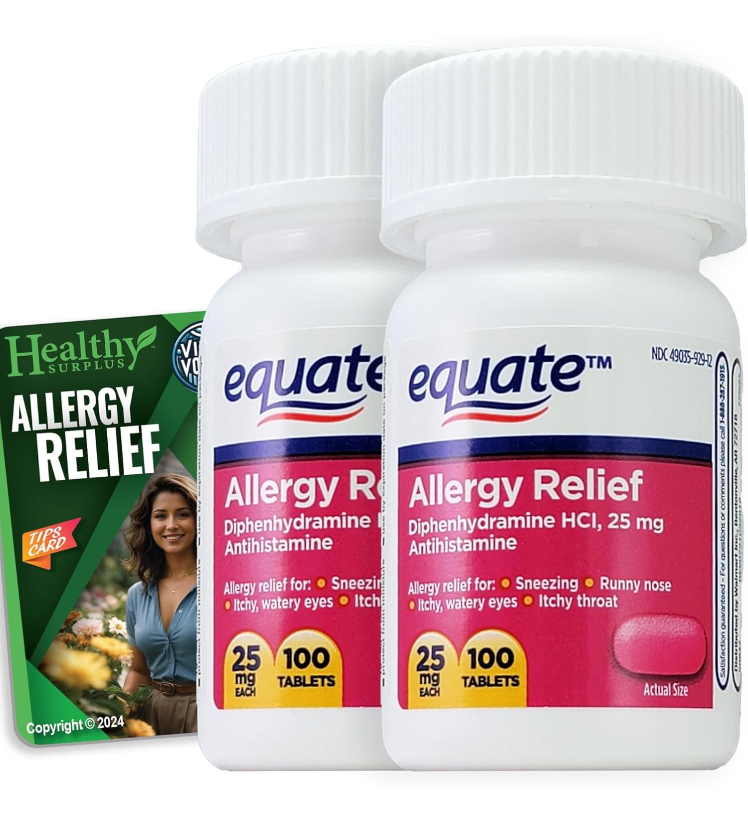 Equate Allergy Relief Diphenhydramine HCL 25mg - 100 Tablets & Vital Volumes Allergy Tips Card Bundle | Fast International Shipping - Buy Online on GoSupps.com