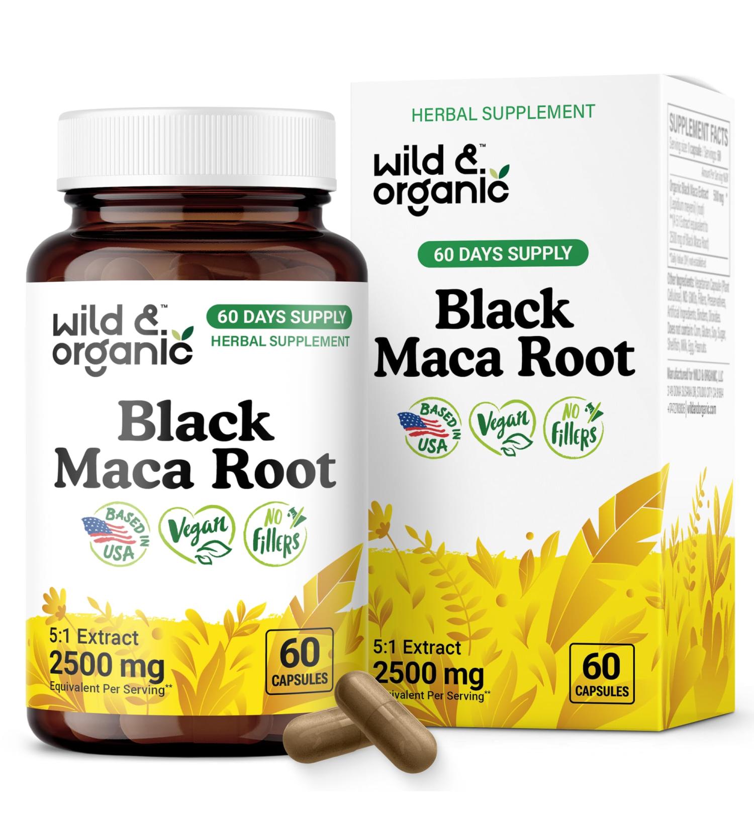 Wild & Organic Black Maca Root Capsules for Women & Men 500 mg - Maca Root Extract for Overall Support - 60 Vegan Capsules - Men & Women Supplement - 60 Days Supply - Non-GMO No Fillers Gluten-Free 60 Count (Pack of 1) - Buy Online on GoSupps.com