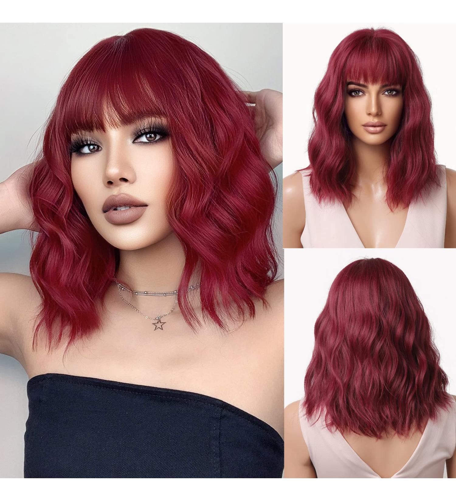 Esmee Short Wave Red Bob Wig - 14 Burgundy Curly Wavy Synthetic Cosplay Wig for Women - Buy Online on GoSupps.com