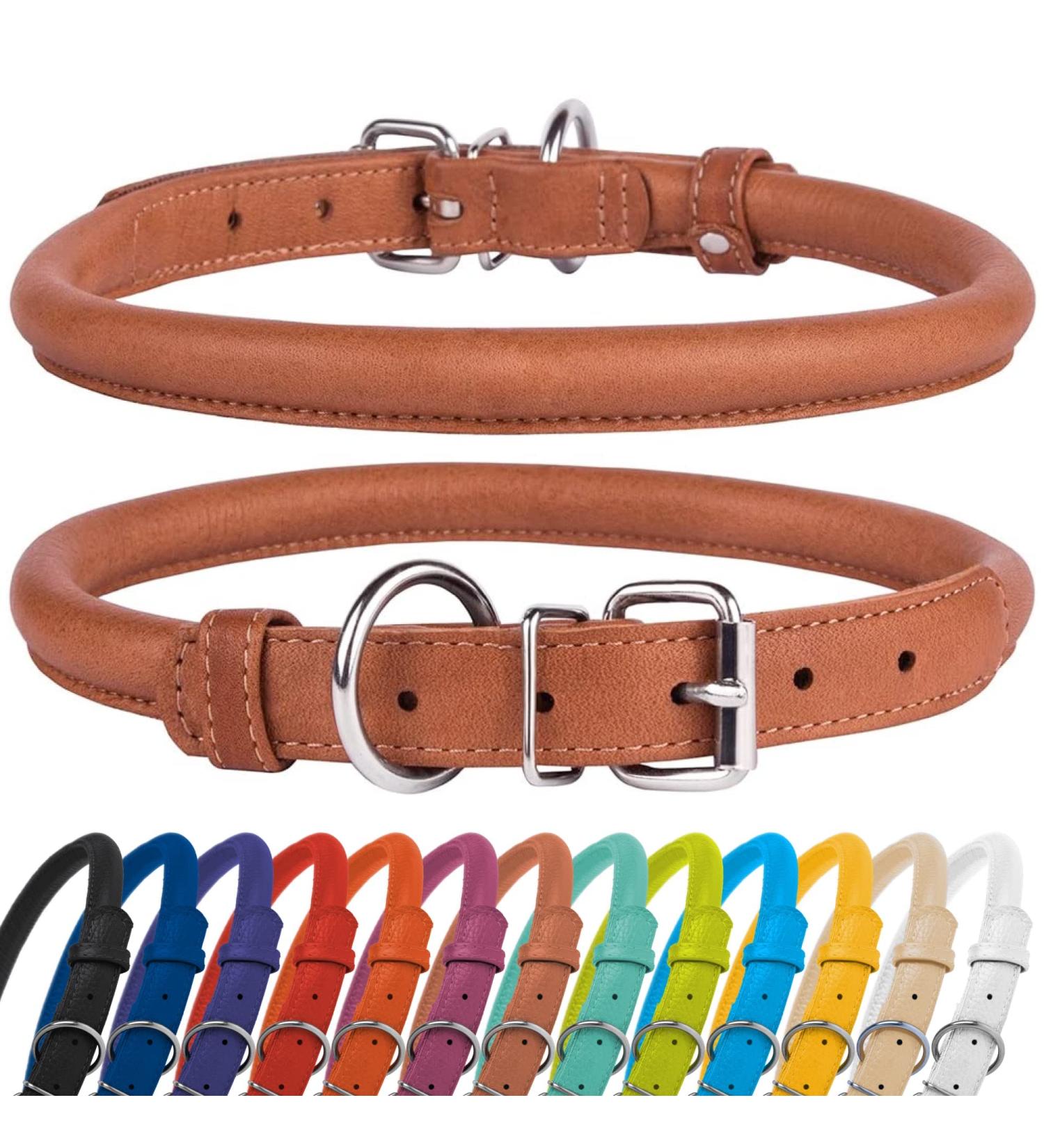 Collardirect Handmade Round Leather Dog Collar - Soft Padded Real Leather Adjustable for Small to Big Dogs & Cats - Available in Black Pink Red Purple Blue Brown (35-40 cm) - Buy Online on GoSupps.com