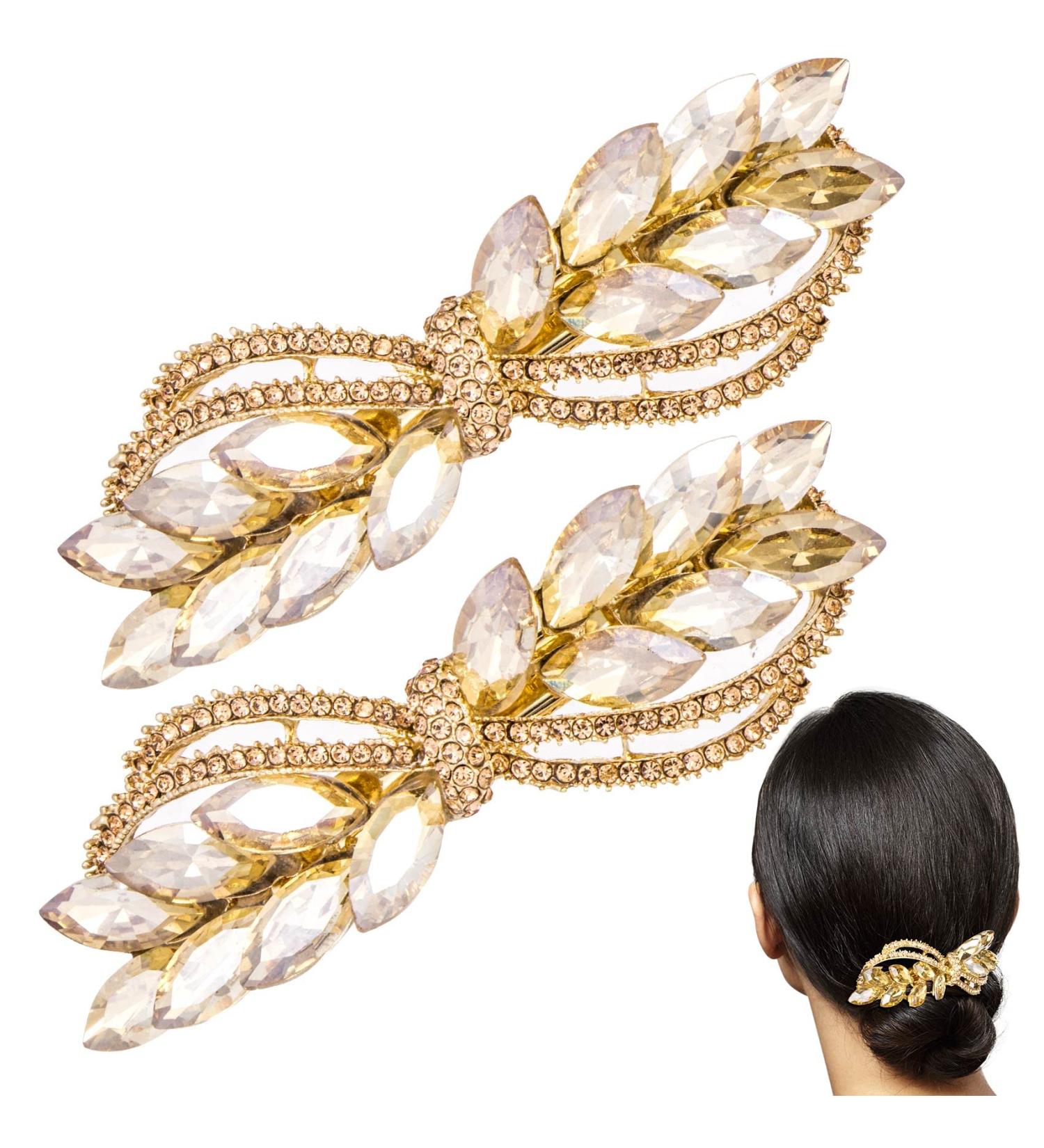2PCS Gold Rhinestone Hair Barrettes | Sparkly Crystal Clips for Bridal & Wedding | Hair Accessories for Women & Girls - Buy Online on GoSupps.com