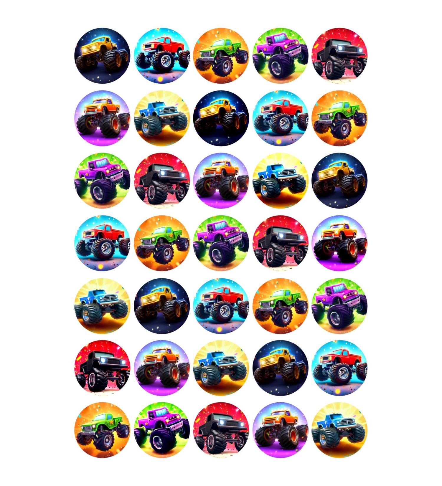 35 x Monster Truck Mix Edible Wafer Card Cupcake Toppers Cake Party Decorations