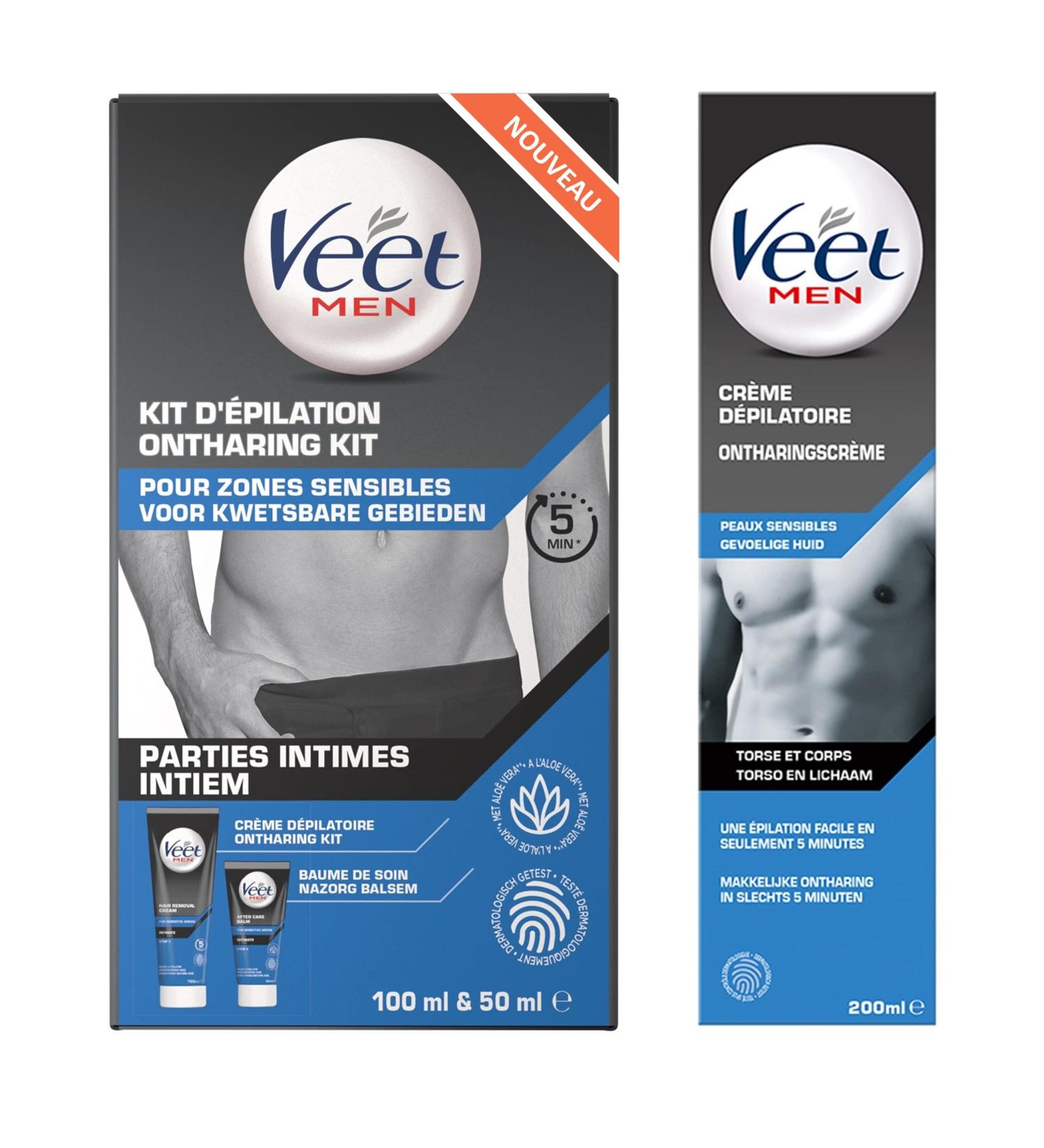 VEET MEN - Lot de 2 Cr mes D pilatoires Homme Peaux Sensibles - Corps & Torse 200ml - Parties Intimes 100ml avec Baume soin 50ml Lot 2 Cr mes D pilatoires Corps & Zone Intimes - Buy Online on GoSupps.com