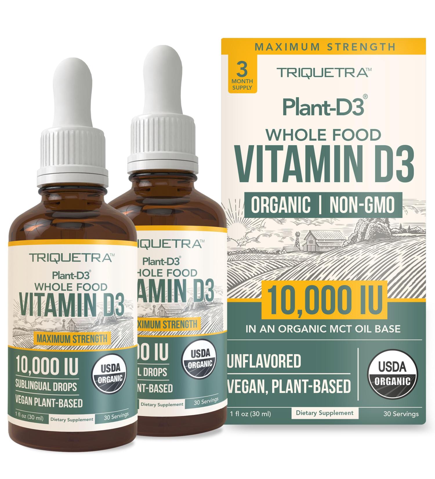 Organic Vitamin D3 10,000 IU - Plant D3 Vegan Max Strength Sublingual Liquid D3 Drops - 200% Higher Absorption 100% Plant-Based Cholecalciferol Form & Vegan D3 Adjustable Dosing (1oz - 2 Pack) 1 Fl Oz (Pack of 2) - Buy Online on GoSupps.com