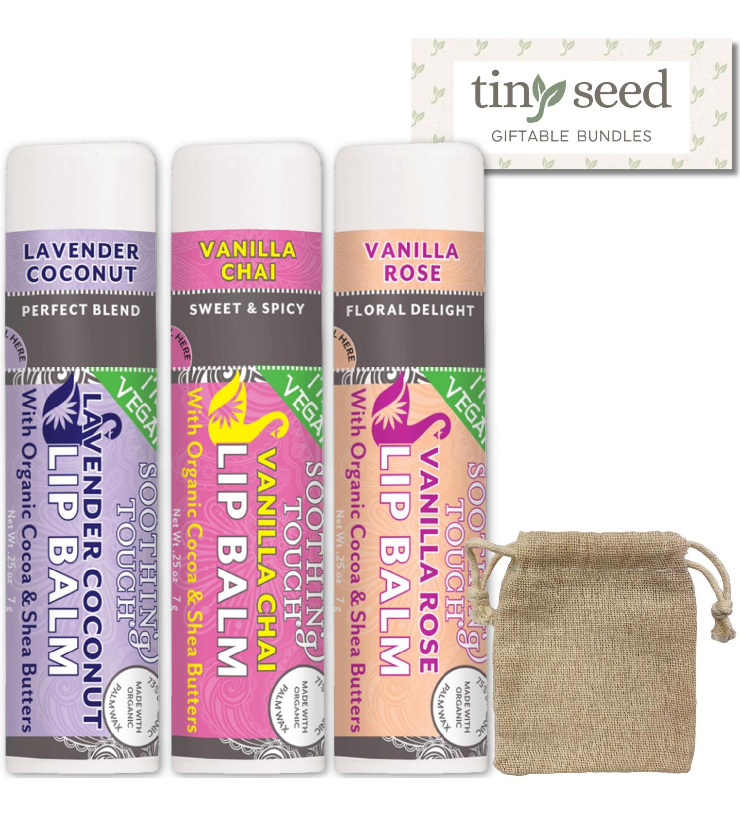 Vegan Lip Balm Set - 3 Soothing Touch Balms | Gift Bundle with Muslin Pouch | Lavender Coconut Vanilla Chai Vanilla Rose - Buy Online on GoSupps.com