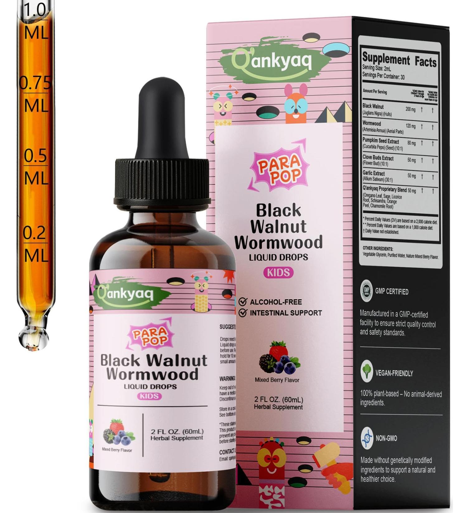 Q'ankyaq Black Walnut Wormwood Liquid for Kids Gut Cleanse for Children Drops Natural Detox Support Gut & Immune Support with Cloves Garlic Pumpkin Seeds Kid-Friendly Gentle & Natural & Sweet 1 - Buy Online on GoSupps.com
