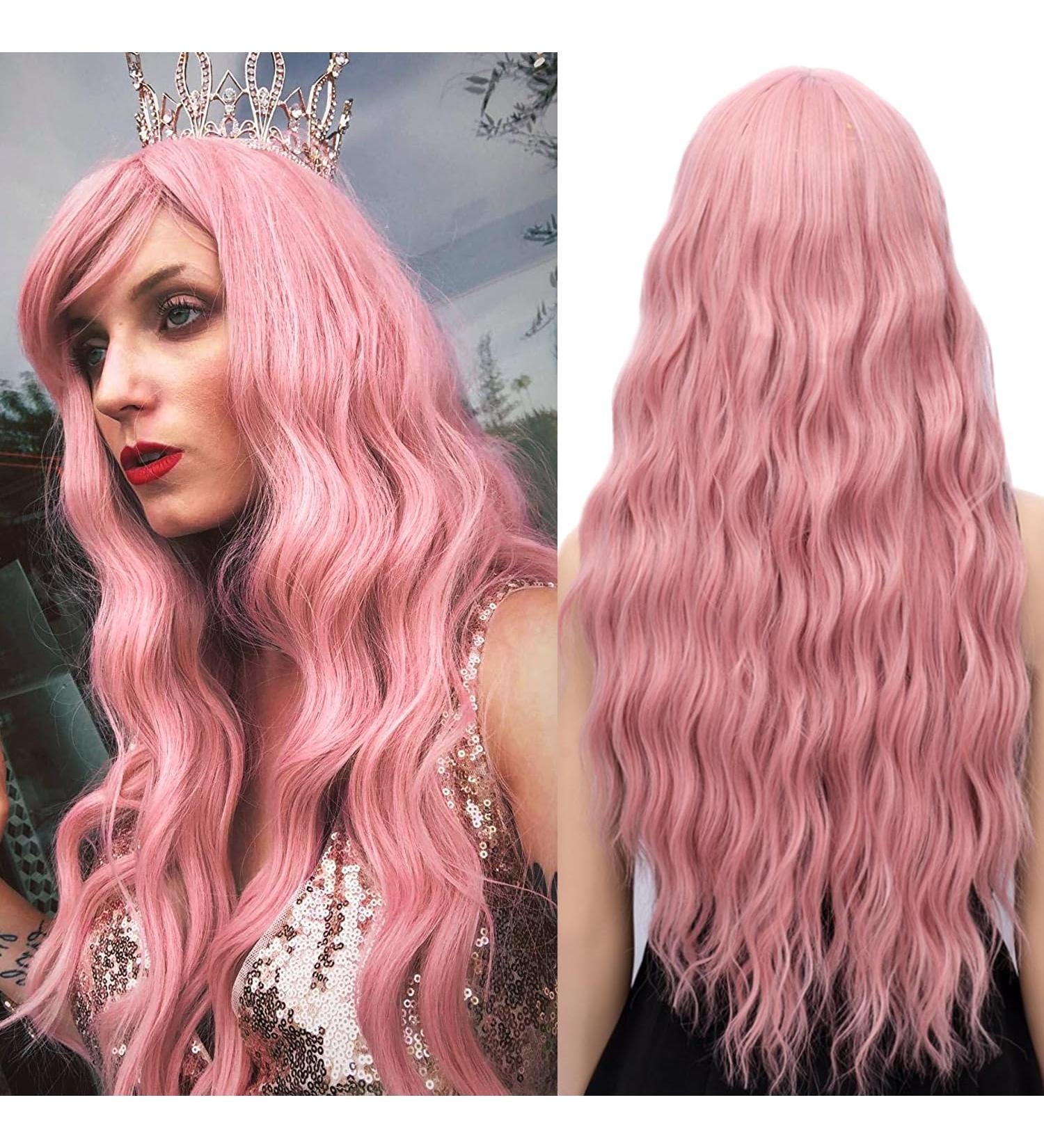 YEESHEDO 28 Inch Long Pink Synthetic Wavy Wig with Fringe for Women - Ideal for Party, Cosplay, or Daily Wear - Buy Online on GoSupps.com