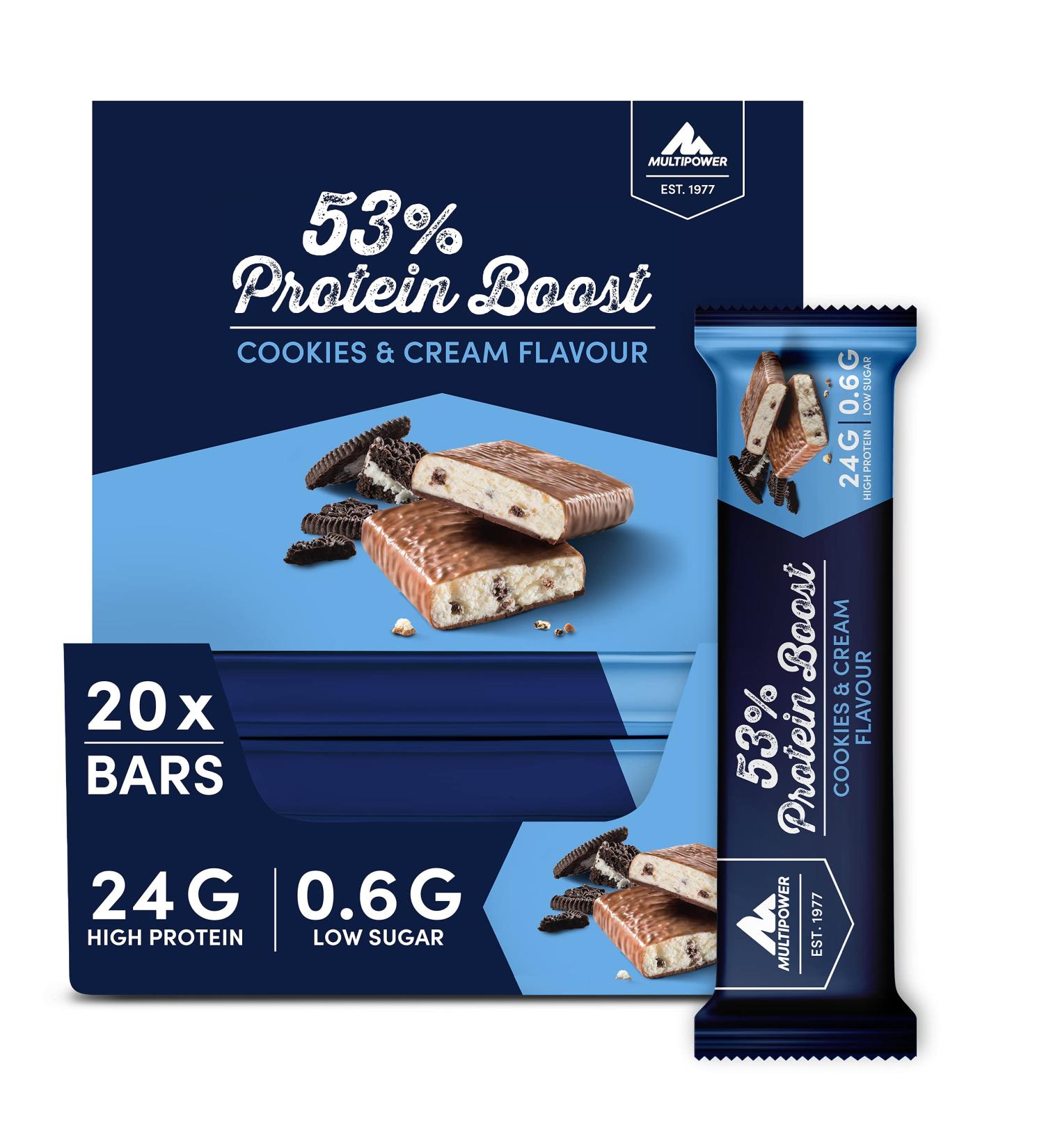 Multipower 53% Protein Boost - High-Quality 45g Protein Bar Cookies & Cream | 24g Protein Only 1.3g Sugar | International Shipping Available - Buy Online on GoSupps.com