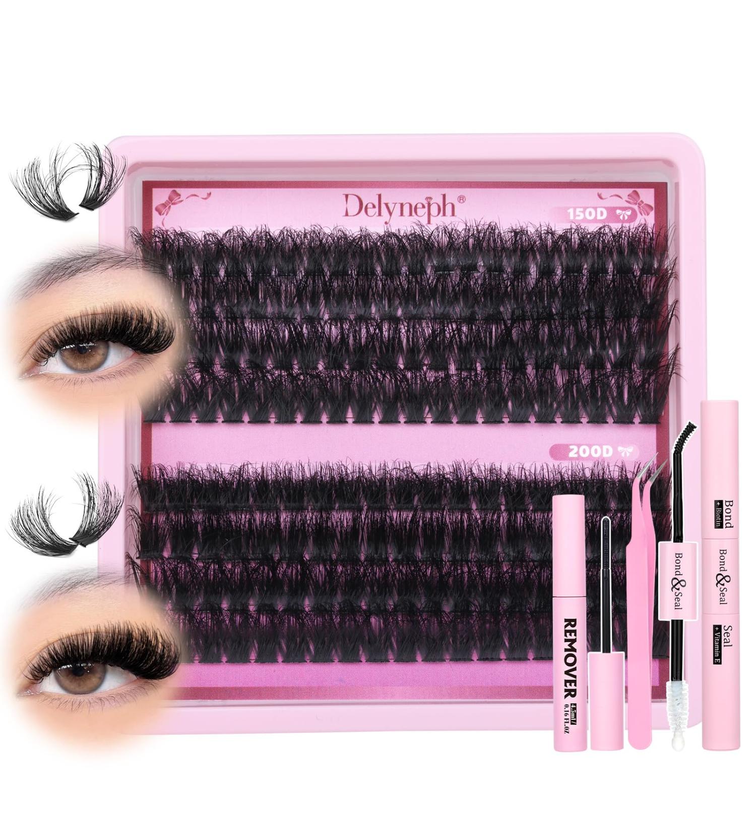 Fluffy Lash Clusters Kit - 150D & 200D Thick Volume Extensions | 14-20mm Wispy Individual Lashes | Includes Bond Seal Remover & Tweezers by Delyneph - Buy Online on GoSupps.com