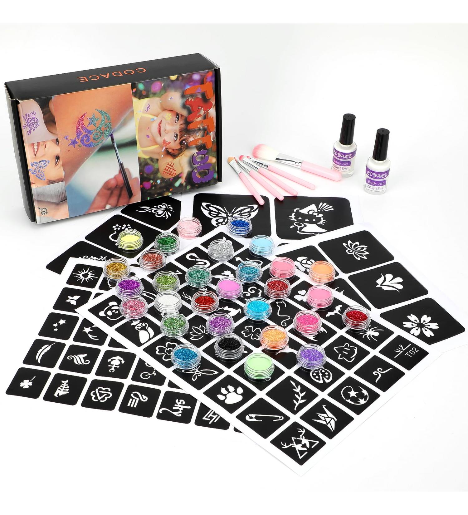 Glitter Tattoo Kit for Kids & Women - 24 Sparkly Colors, 6 Fluorescent, 105 Stencils, Body Glue & Brushes - Perfect for Glow in the Dark Parties - Buy Online on GoSupps.com