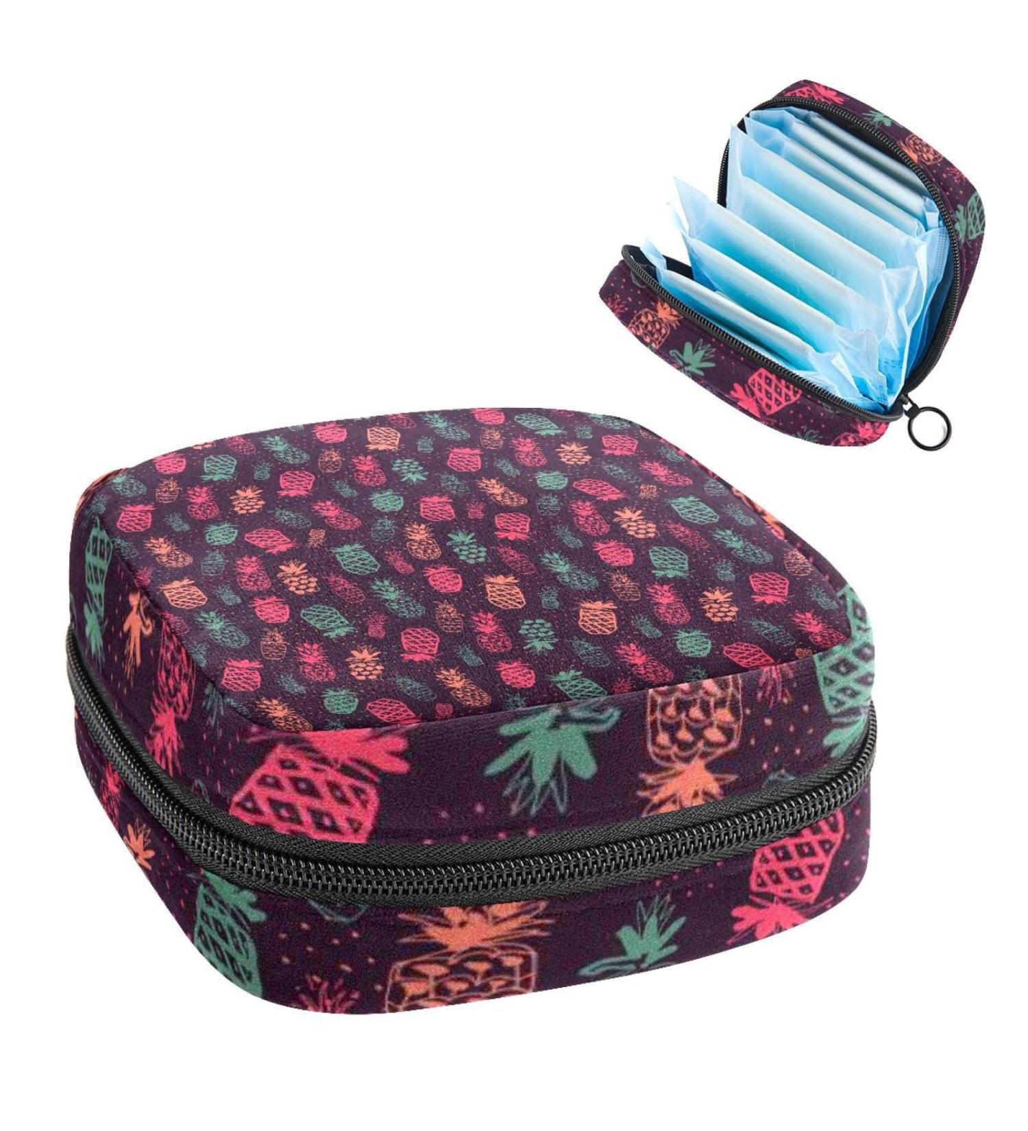 Blue Pink Coral Pineapple Pattern Sanitary Napkin Storage Bag - Menstrual Cup & Nursing Pad Holder - Portable Period Pouch for Women & Teen Girls - Buy Online on GoSupps.com