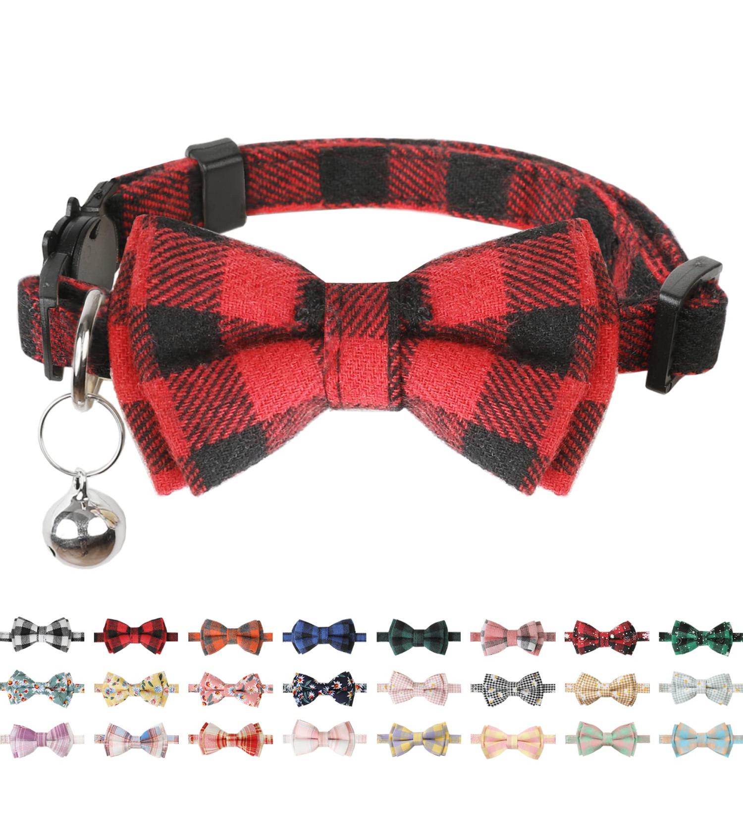 BANMODER Cat Collar Breakaway with Cute Bow Tie and Bell - Personalized Plaid & Flower Patterns - Adjustable Kitten Safety Collars - 1 or 2 Pack Gift (Red) - Buy Online on GoSupps.com