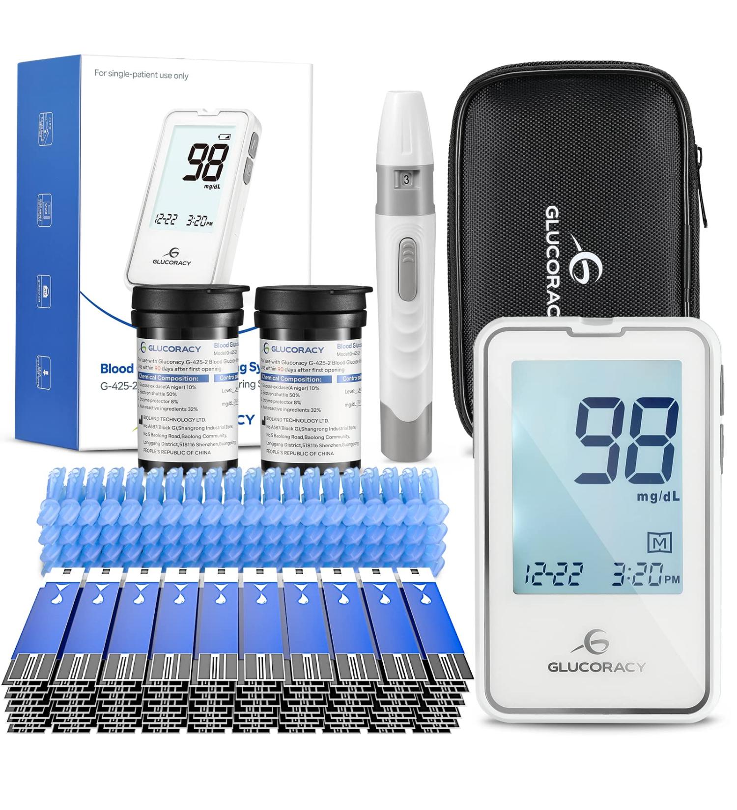 Glucoracy Blood Glucose Monitor Kit with 100 Test Strips & Lancets - Diabetes Testing Kit with Travel Case - BGM Kit - Buy Online on GoSupps.com
