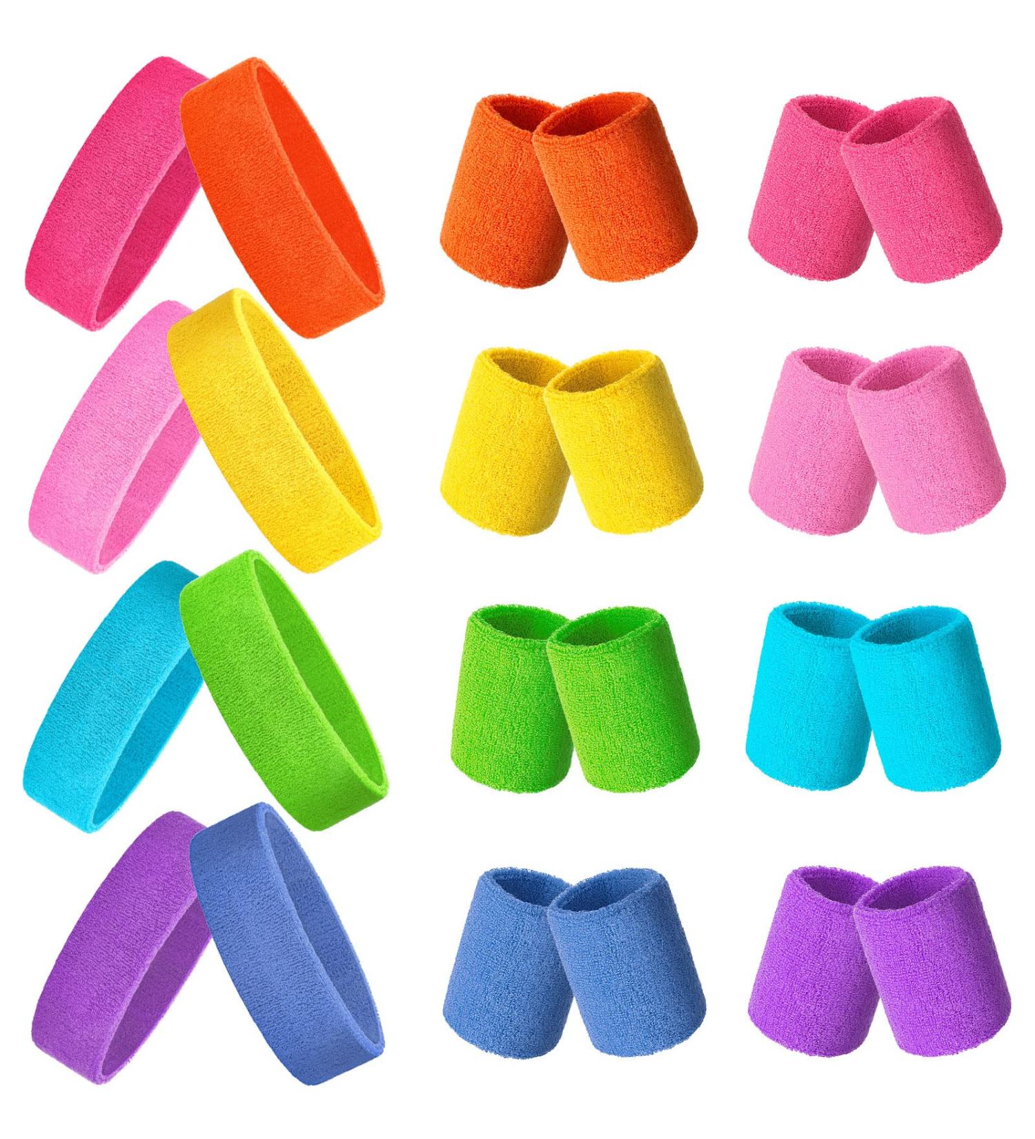 80s Neon Sweatbands Set - 24 Pieces: 8 Headbands, 16 Wristbands - Elastic Athletic Bands for Man Woman - Bright Colors - 80s Party Bulk Pack - Buy Online on GoSupps.com