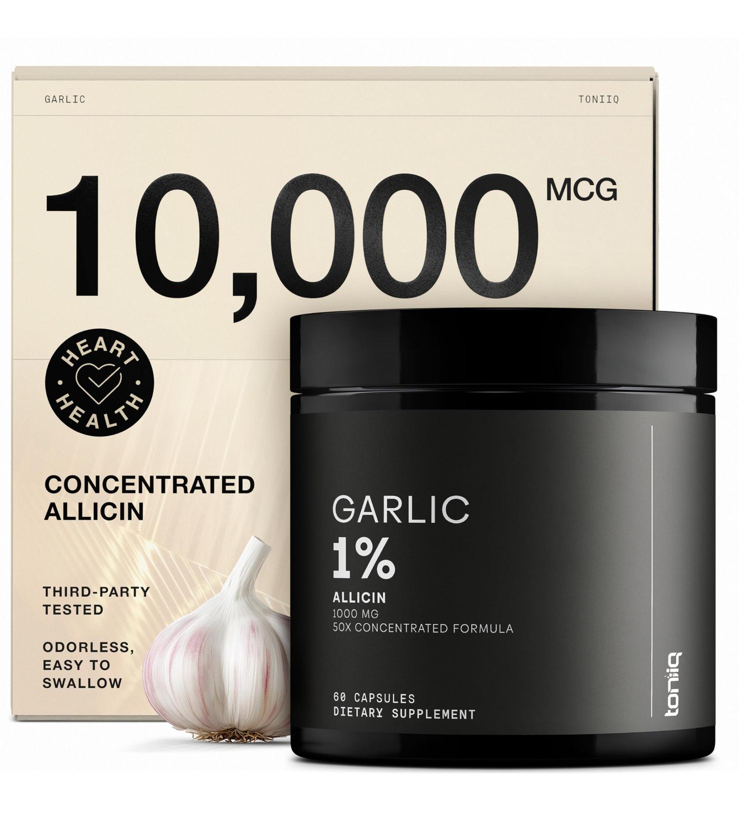 Garlic Capsules with 10,000mcg Allicin - Odorless - 50:1 Extract for Maximum Potency - Third-Party Lab Tested - 60 Vegetarian Capsules 60 Count (Pack of 1) - Buy Online on GoSupps.com