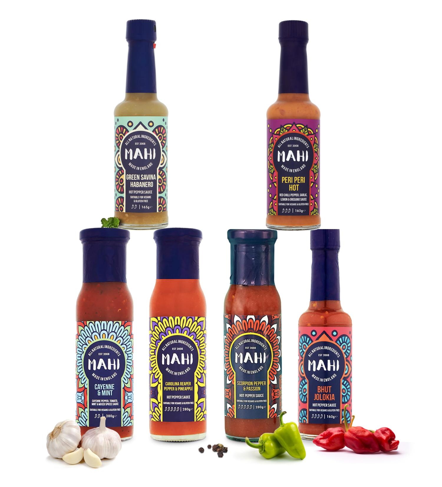 MAHI Hot Sauce Challenge Gift 6 Pack - Carolina Reaper & Pineapple 280g Scorpion Pepper & Passion 280g Bhut Jolokia 165g Green Savi Habanero 165g Peri Peri Hot 165g Cayenne & Mint 280g - GF VE - Buy Online on GoSupps.com
