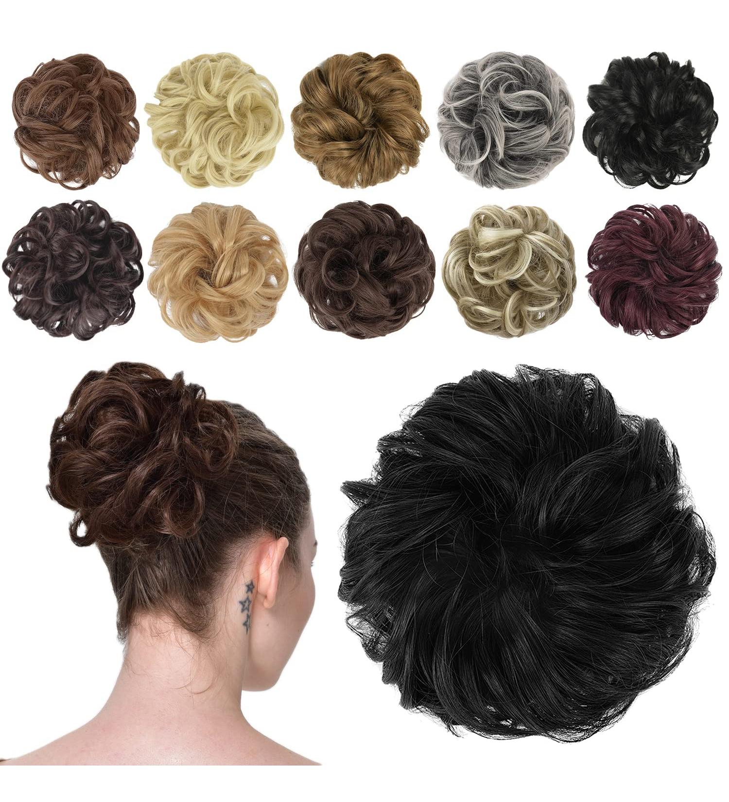 FESHFEN Messy Bun Hair Piece - Synthetic Wavy Curly Chignon Ponytail Extension for Women Girls Kids - Natural Black 38g - Buy Online on GoSupps.com