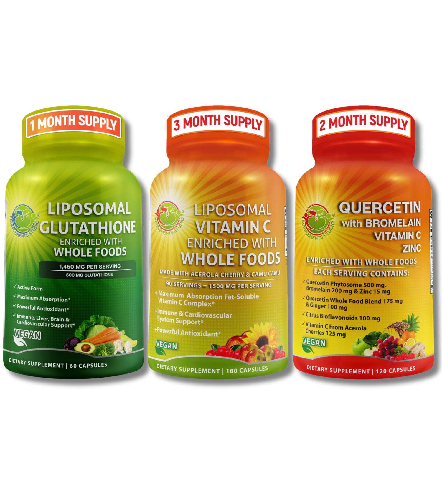 SUPPLEMENTS STUDIO High Absorption Antioxidant & Immune Support Bundle Liposomal Vitamin C 1500mg + Glutathione 500mg + Quercetin with Bromelain Zinc & Whole Food Blend Vegan Non-GMO Capsules - Buy Online on GoSupps.com