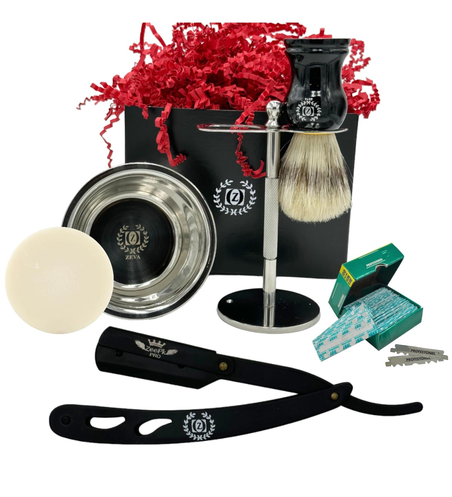 Men's Straight Razor Set | Classic Shavette with 100 Disposable Blades Shaving Brush Stand Bowl & Soap - Perfect Beard Lineup & Shape Up (Black - Buy Online on GoSupps.com