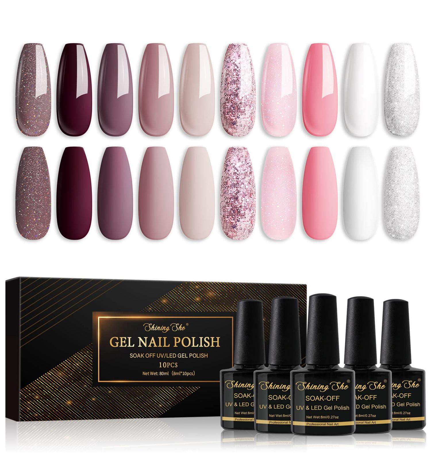 Shining She Gel Nail Polishes Set - 10 Colors Nude Pink White Glitter - Soak-Off UV/LED Manicure Gift - 8ML - Buy Online on GoSupps.com