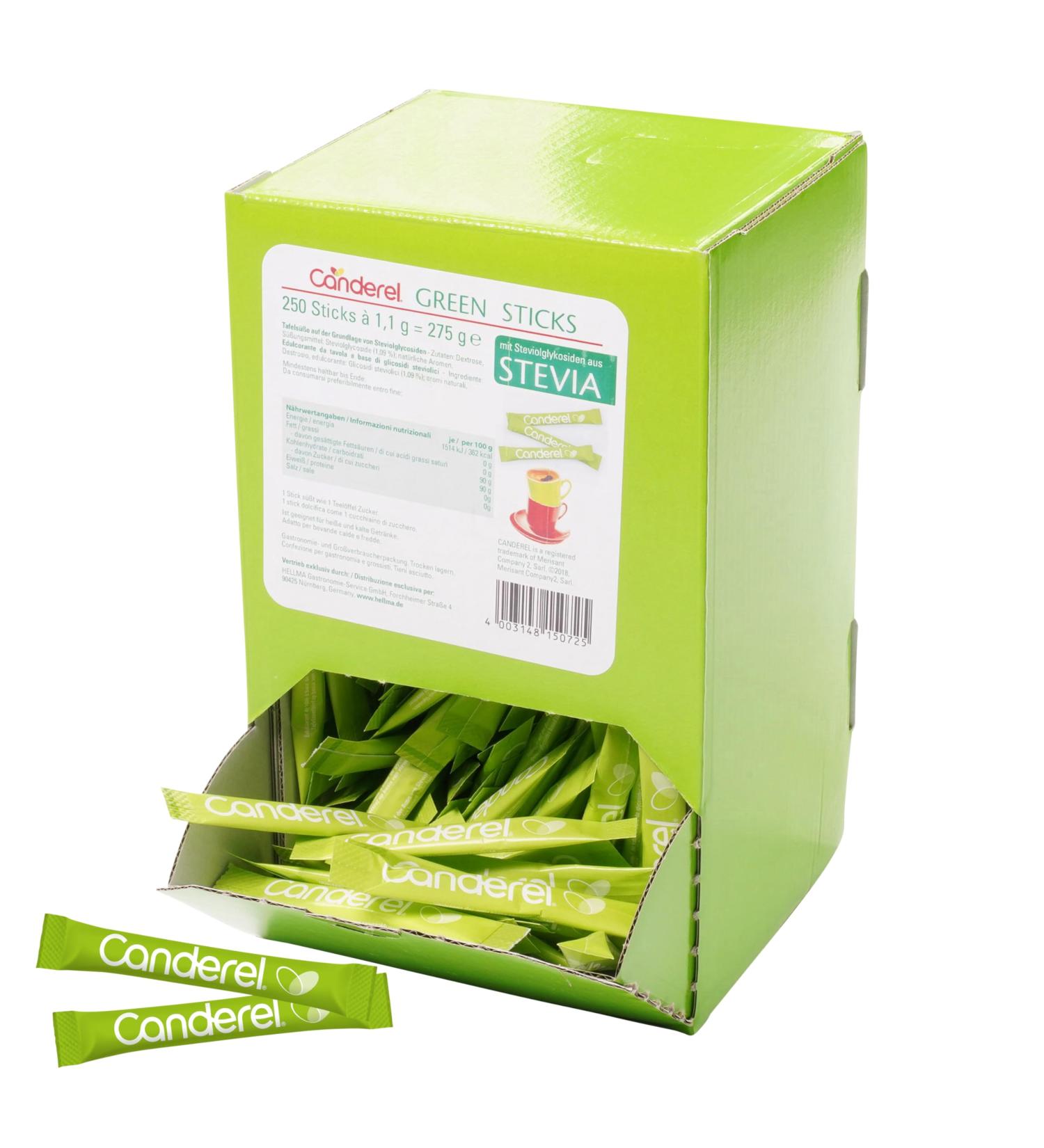 Hellma Canderel Green Stevia Sticks - 250 Vegan Sugar Alternative Packs (1.1g Each) - Individually Wrapped - 275g Storage Box - International Shipping Available - Buy Online on GoSupps.com