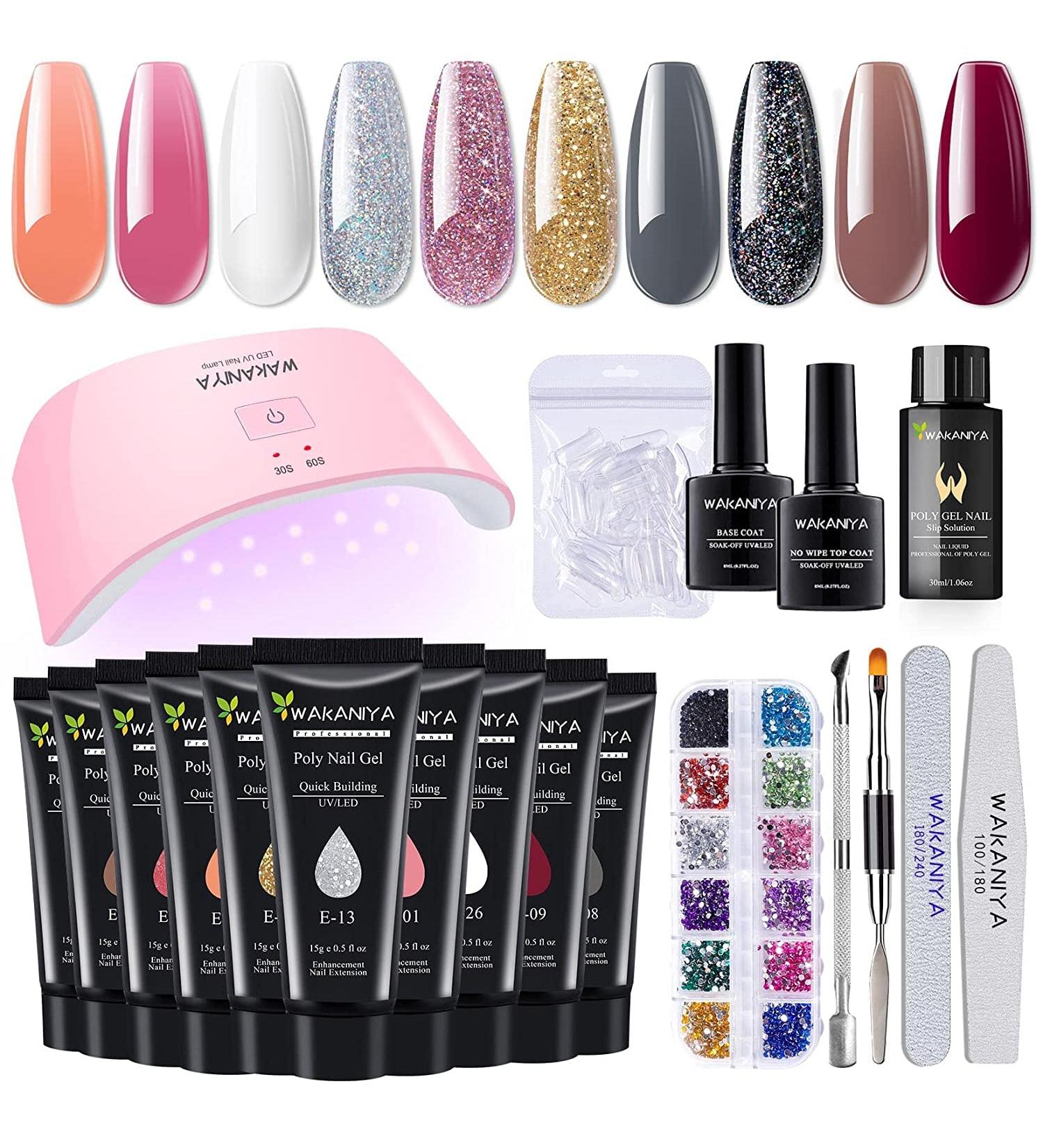 Poly Nail Gel Full Kits 10 Colours Quick Nail Extension Gel Kit Poly Nails Gel Kit with Lamp Easy to Apply with Slip Solution Rhinestone Forms Complete Nail Art Starter Kit DIY at Home White Red Brown Pink E - Buy Online on GoSupps.com