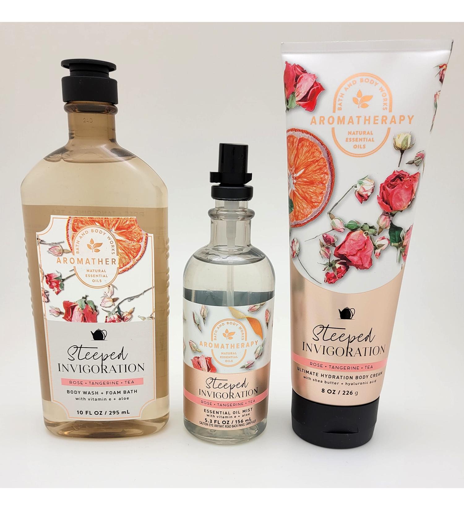 Aromatherapy - Rose +Tangerine + Tea - 3 pc Bundle - Body Wash and Foam Bath - 10 fl oz - Essential Oil Mist 5.3 fl oz & Ultimate Hydration Body Cream 8 oz.