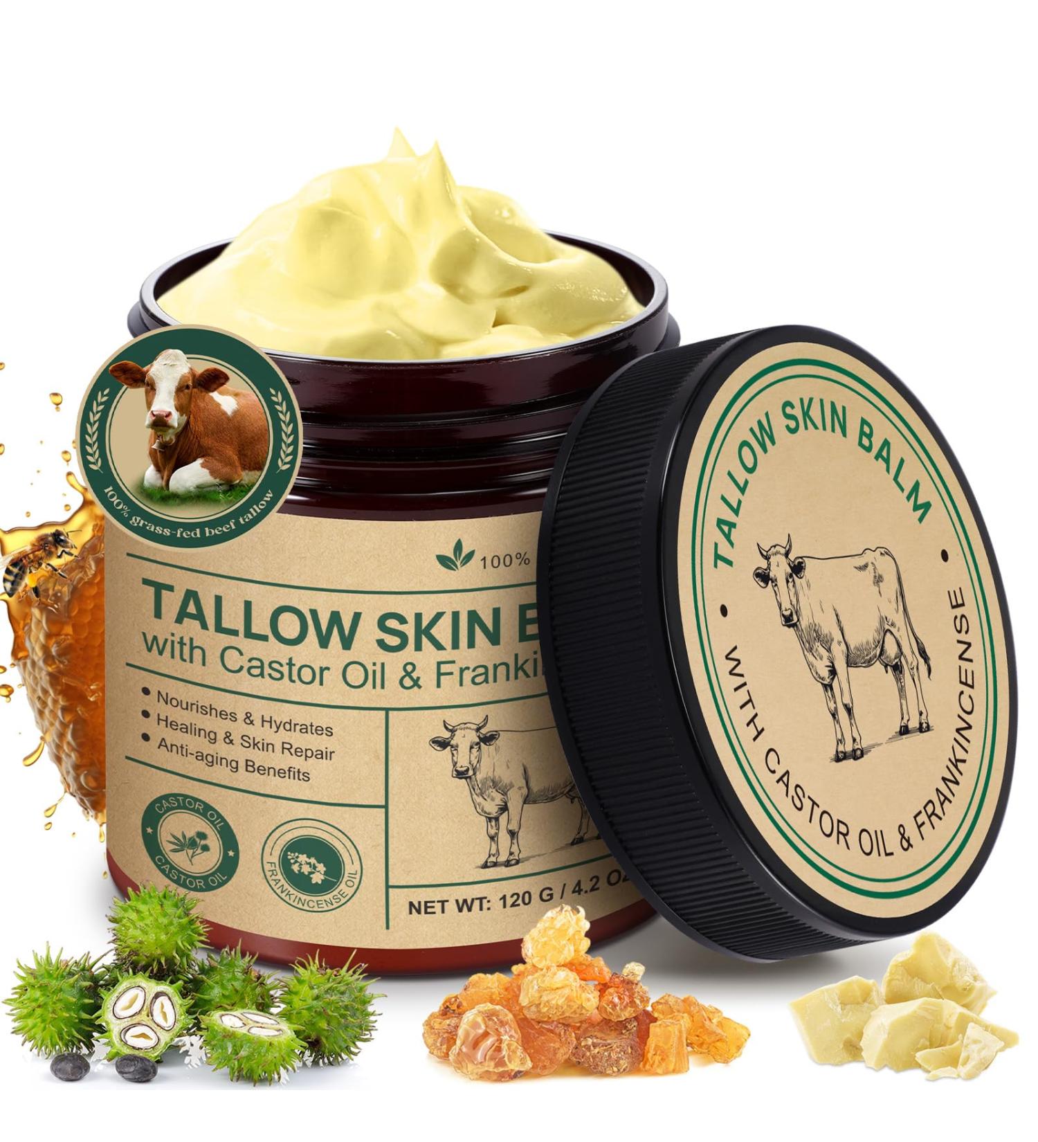 Beef Tallow Balm with Frankincense and Castor oil 4.2 fl.oz 100% Grass-Fed Tallow for Skin Care Face & Body Moisturizer for Skin Hydrating & Nourishing Sensitive Skin & Dry Skin Age Defying 1 pack - Buy Online on GoSupps.com