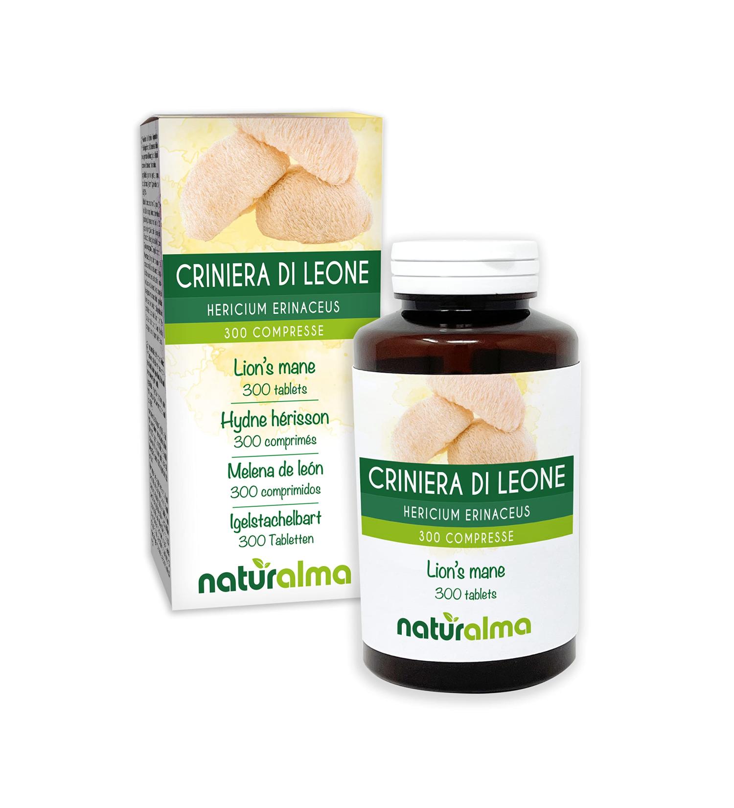 Hedgehog Hydne or Lion's Mane (Hericium erinaceus) Naturalma Mushroom - 150 g - 300 Tablets - Food Supplement - Natural and Vegan - Buy Online on GoSupps.com