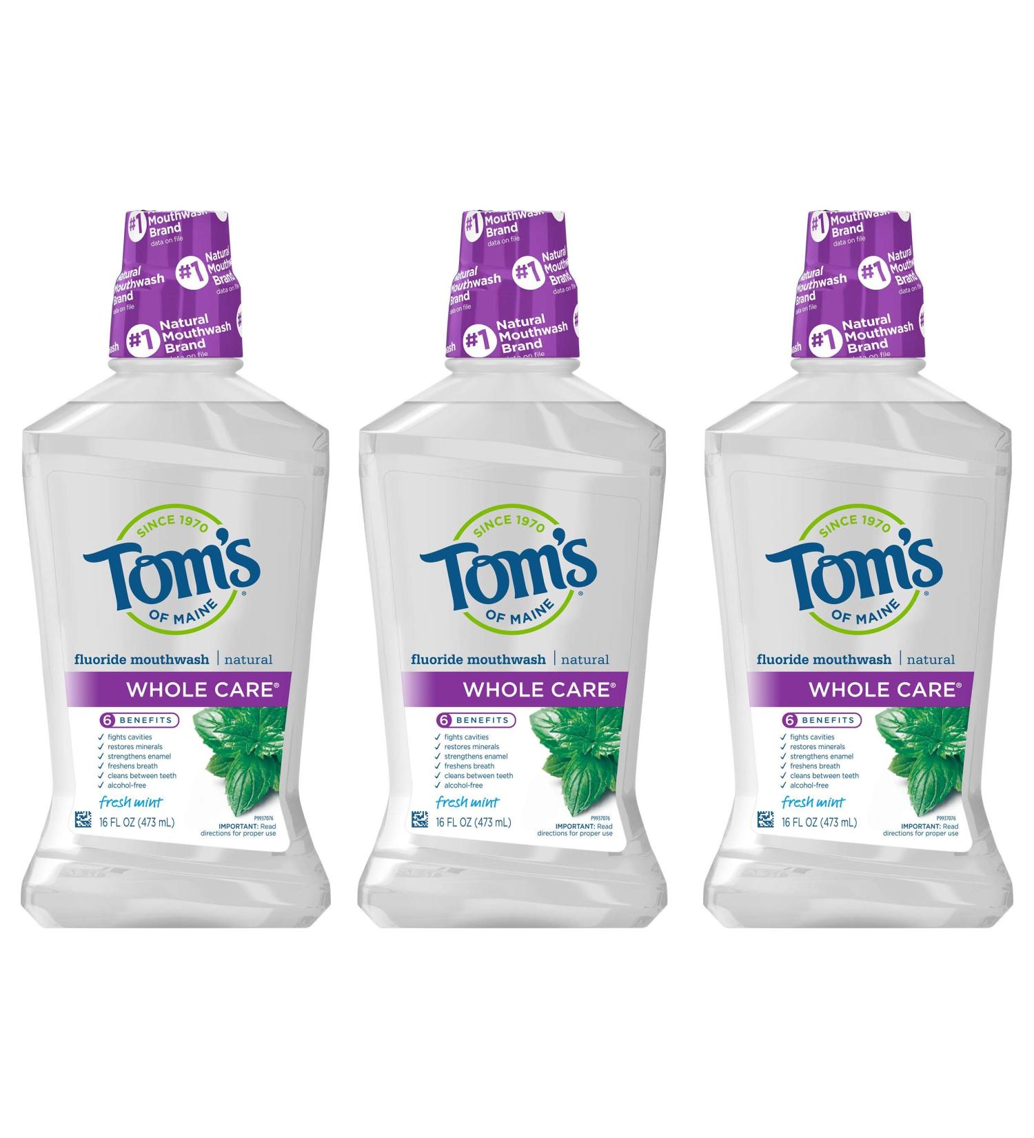Tom's of Maine Whole Care Natural Fluoride Mouthwash, Fresh Mint - 16 oz (3-Pack) | Natural Oral Care - Buy Online on GoSupps.com