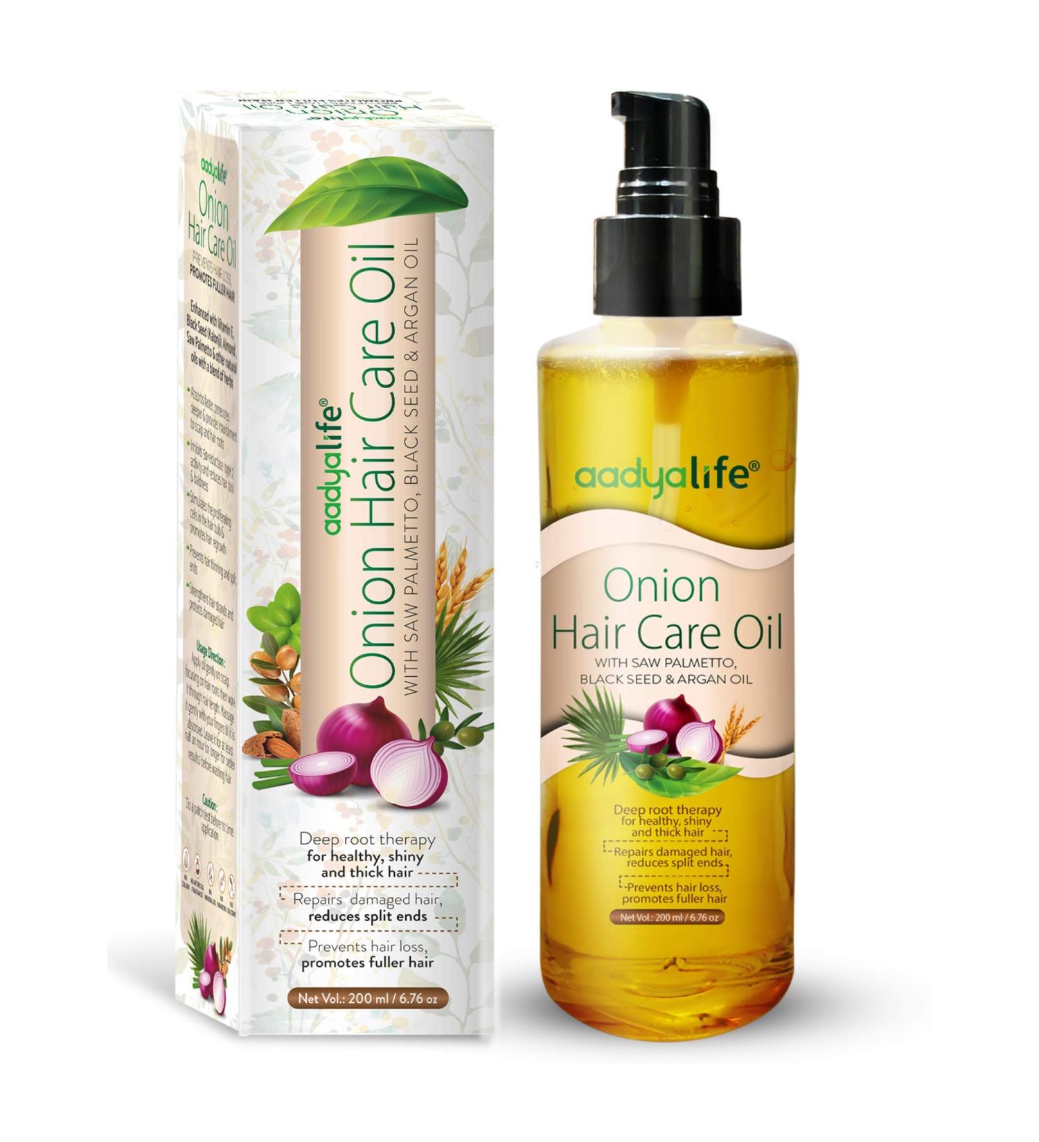 AADYA LIFE Onion Hair Care Oil 200ml - Organic Oil for Hair Growth with Saw Palmetto, Black Seed & Argan Oil - Promotes Gorgeous, Healthy, Shiny Hair - 6.76 Fl Oz - Buy Online on GoSupps.com
