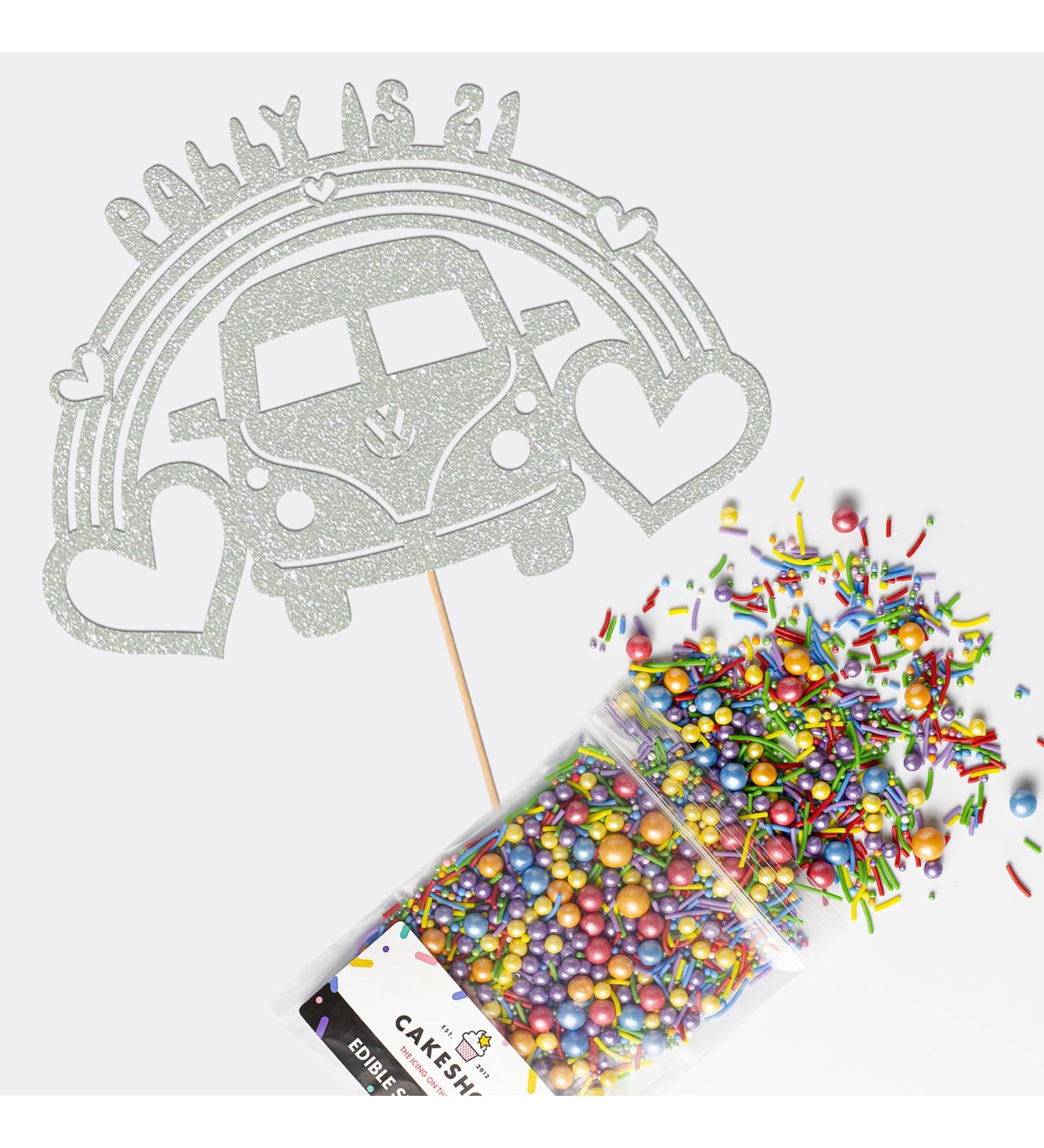 Cakeshop Cake Decoration Pack | Campervan 60s Theme Premium Double Sided Glitter Card Cake Topper & 25g Party Pack of Cake Sugar Sprinkles | Custom Name & Age Cake Decorations (Light Silver) Prime Glitter Card: Light Silver - Buy Online on GoSupps.com