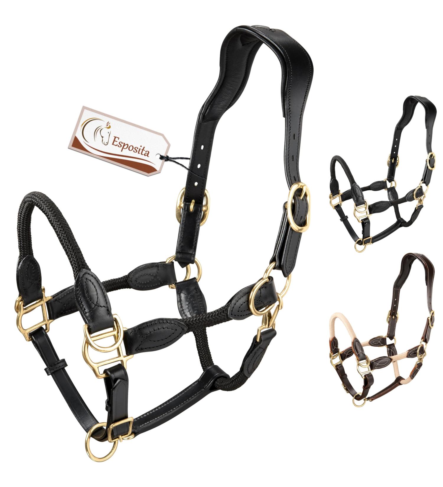 Esposita Seilhafter Ranch Halfter for Horses | Leather & Rope Halter with Brass Fittings | Ideal for Riding & Hiking | Size COB/VB | Black - Buy Online on GoSupps.com