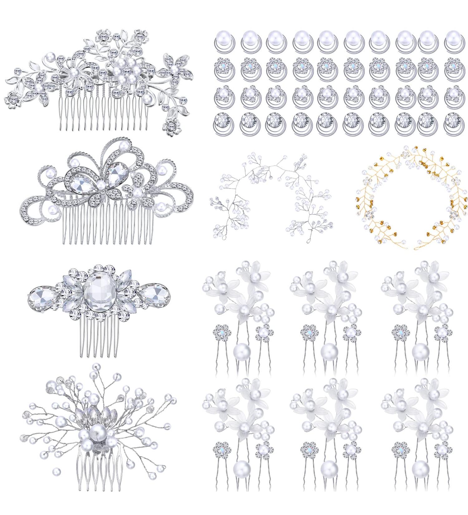 Wedding Hair Comb Set - 86 Pieces Faux Pearl Crystal Bride Hair Accessories | U Shaped Flower Rhinestone Clips | Twist Hair Piece Styling Pins for Women, Bridesmaid, Bridal Jewelry - Buy Online on GoSupps.com