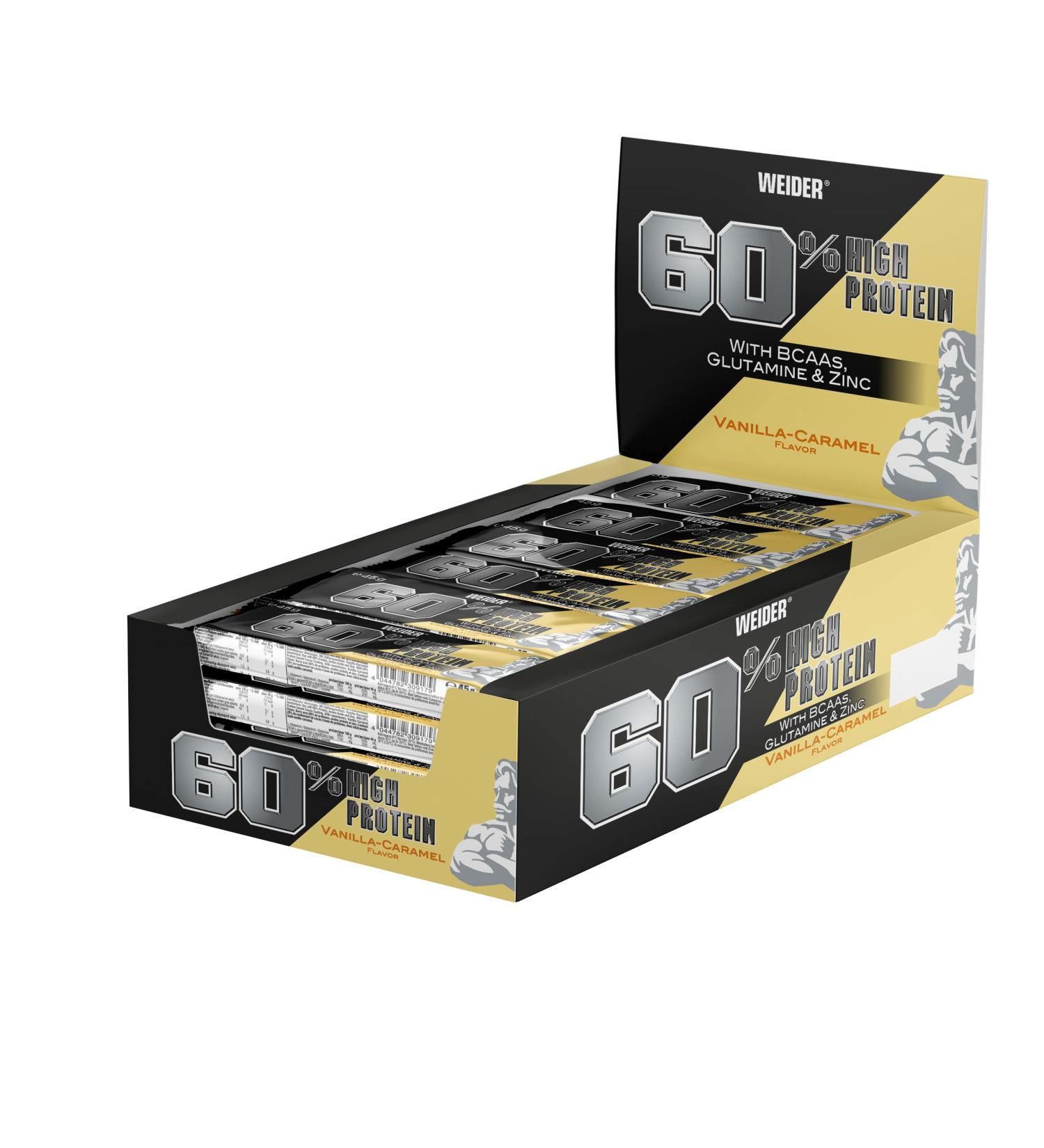 Weider 60% Protein Bar - High Protein Vanilla-Caramel Bars with BCAA & Glutamine | 24 x 45g | Best for Muscle Building & Fitness - Buy Online on GoSupps.com