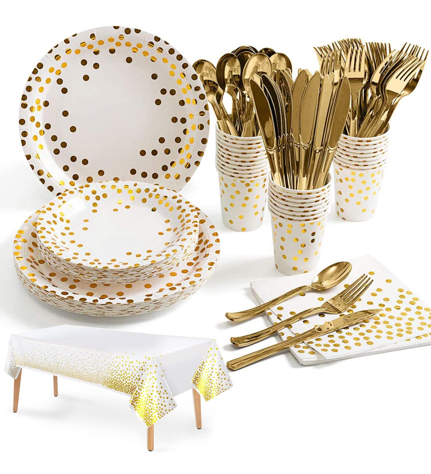 Nkaiso141Pcs White Gold Party Tableware Party Paper Plates and Cutlery Set Includes Plates Cups Dinnerware Napkins for Birthday Wedding Babyshower Decorations Supplies-20 Guests - Buy Online on GoSupps.com