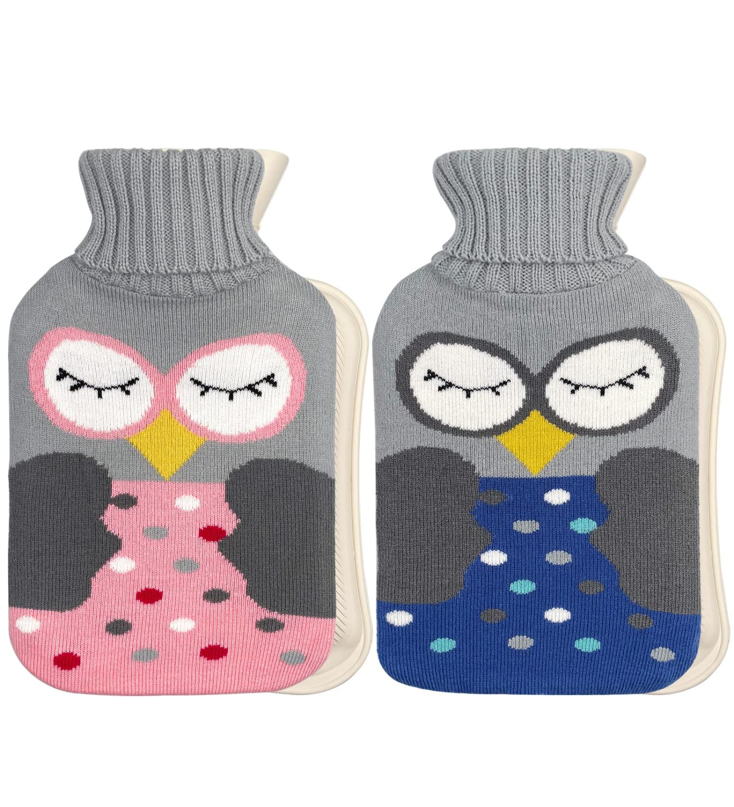 2L Hot Water Bottle with Cover (Pack of 2) for Pain Relief - Cute Owl Design - Hot/Cold Therapy - 2 Liter - Pink/Grey - Buy Online on GoSupps.com