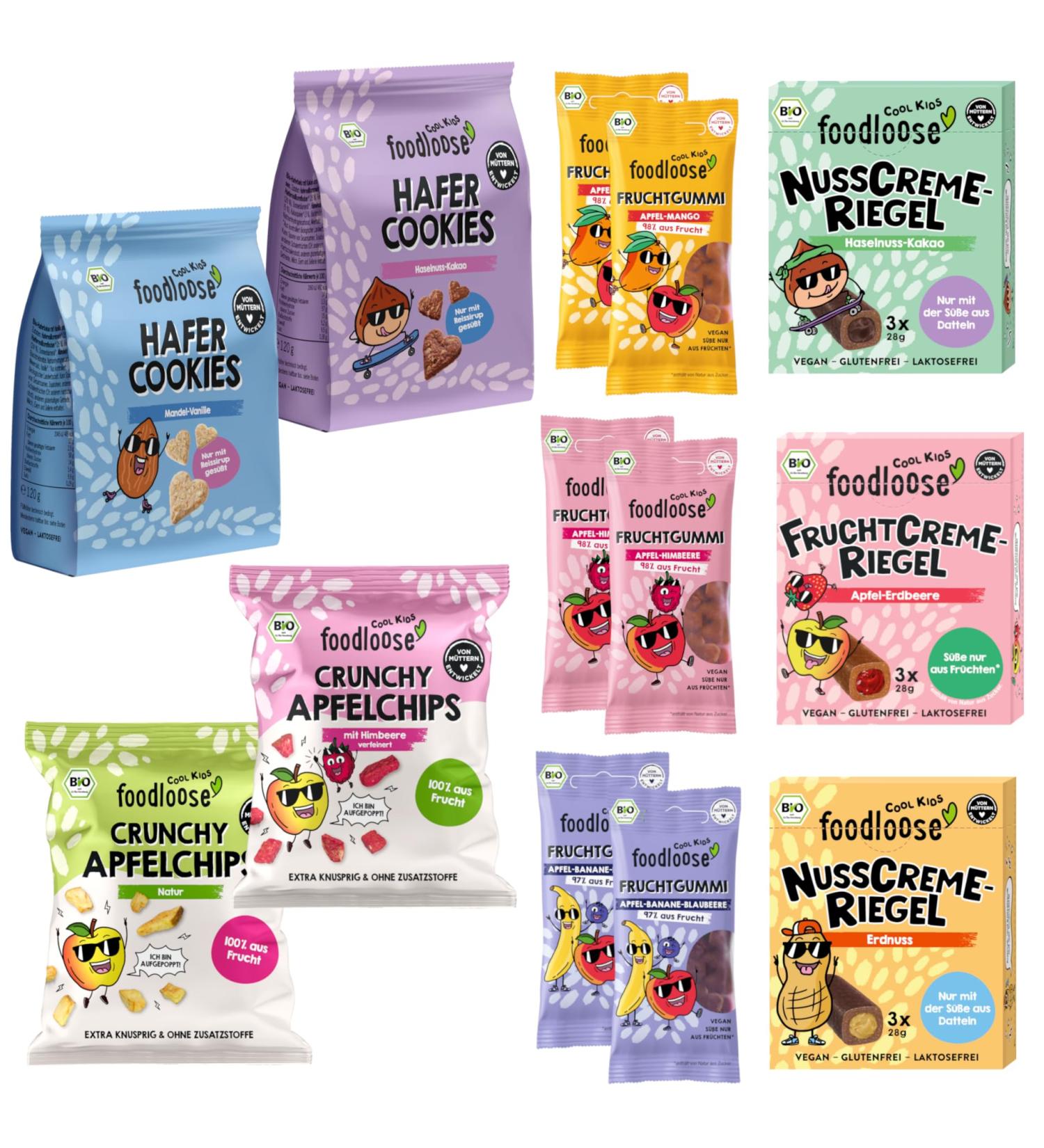 Foooodlose Cool Kids Tasting Package | 19 Delicious Vegan Bio Snacks | Refined Sugar-Free Wheat-Free Treats | Fruit Gums Cream Bars Apple Chips & Cookies - Buy Online on GoSupps.com
