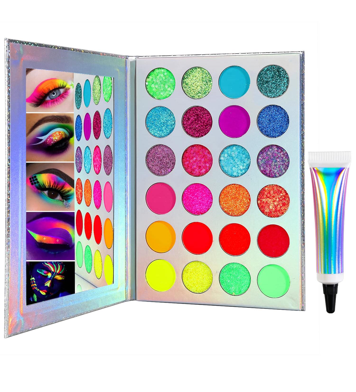 Shop Colorful Neon Eyeshadow Palette - Highly Pigmented Matte & Glitter - UV Glow Blacklight Makeup for Eyes Face & Body - Buy Online on GoSupps.com
