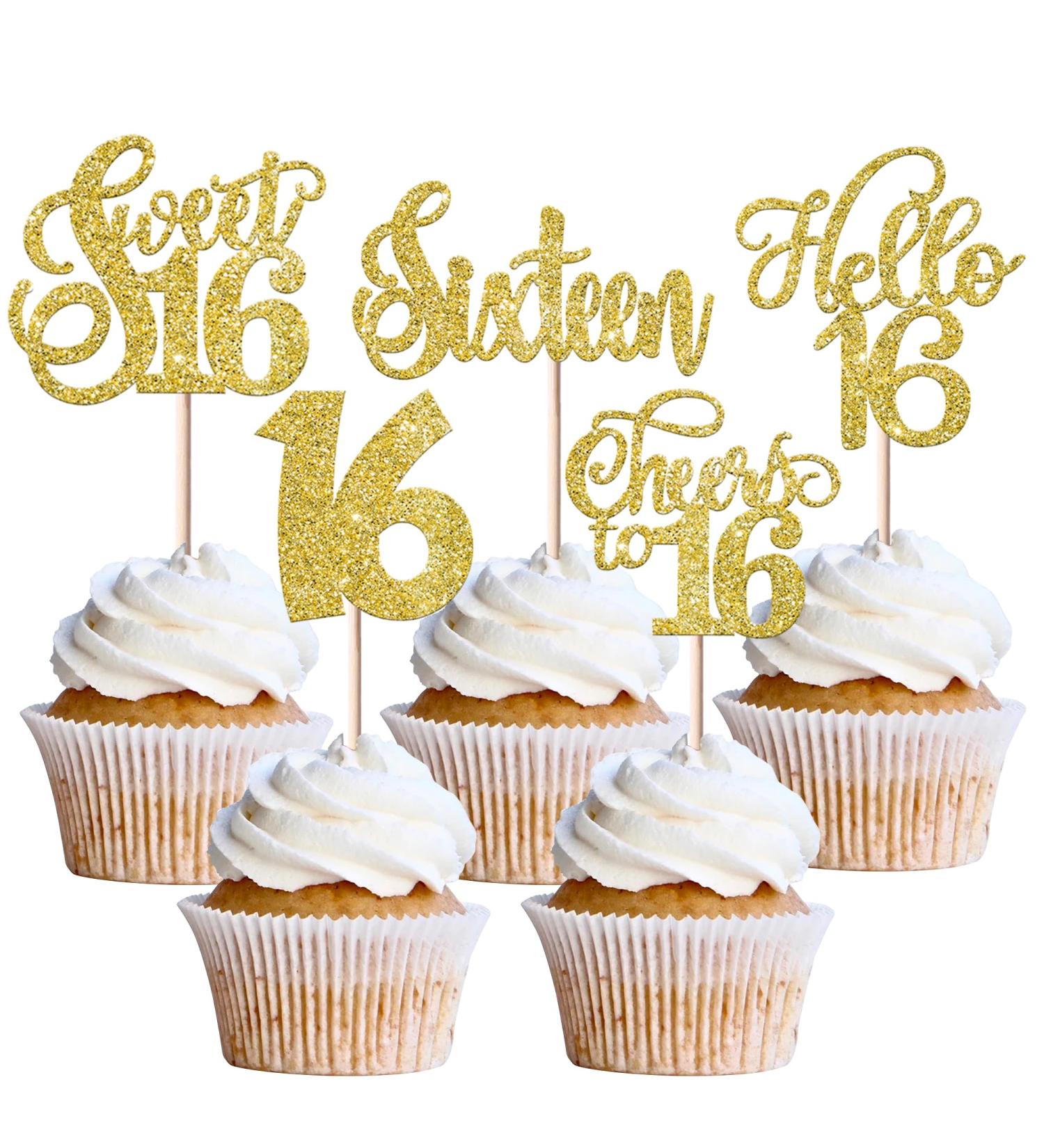 Rsstarxi 30 Pack 16th Birthday Cupcake Toppers Gold Glitter Sixteen Sweet 16 Cupcake Picks Cheers to 16 Years Old Birthday Cake Decoration for Hello 16th Birthday Anniversary Party Decorations Design 1 Gold - Buy Online on GoSupps.com
