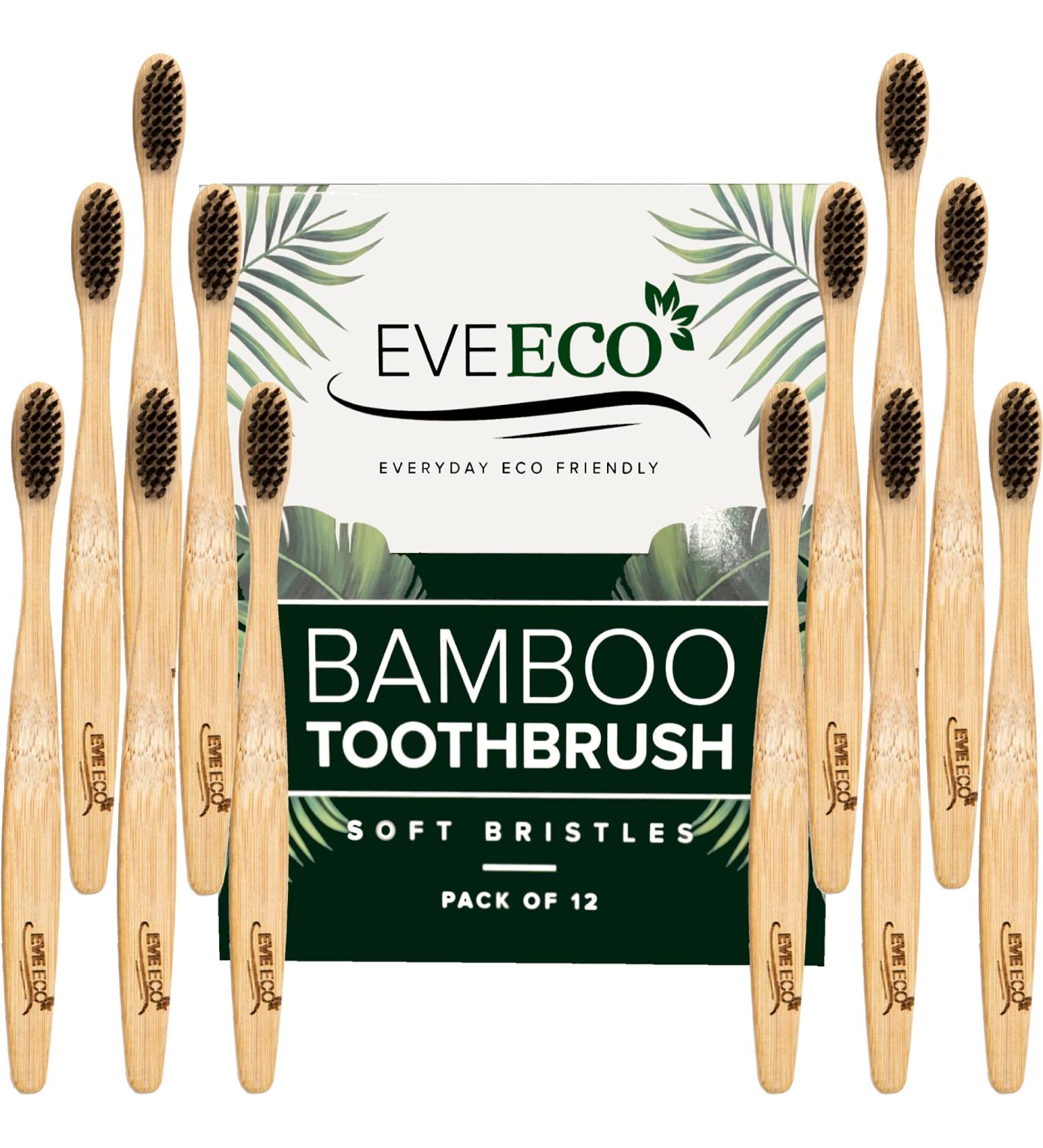 EveEco Bamboo Toothbrush - 12 Count, Soft Bristles for Sensitive Gums, Charcoal Infused, Vegan - Natural Wood, BPA Free, Recyclable, Compostable, Biodegradable - Environmentally Friendly - Buy Online on GoSupps.com