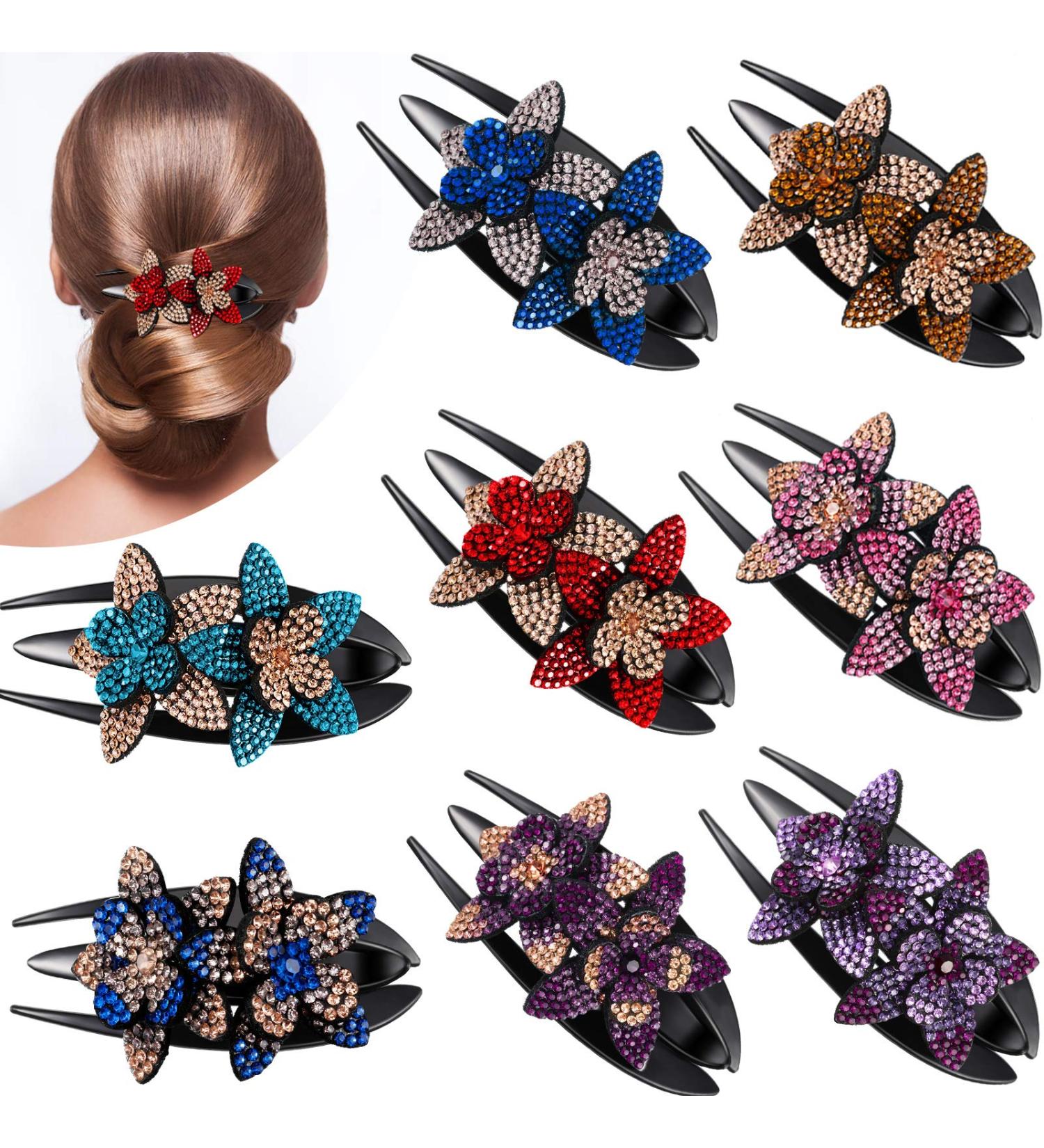 Rhinestone Double Flower Hair Clip Set - 8 Pieces | Crystal Glitter Hair Accessories for Women and Girls - Buy Online on GoSupps.com