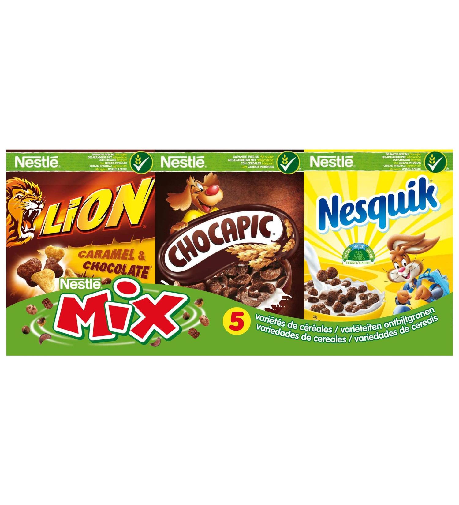 Nestlé Assortment of 5 varieties of cereals, Lion, Chocapic, Nesquik, Chokella, Cookie Crisp - 6 mini packs, 190g