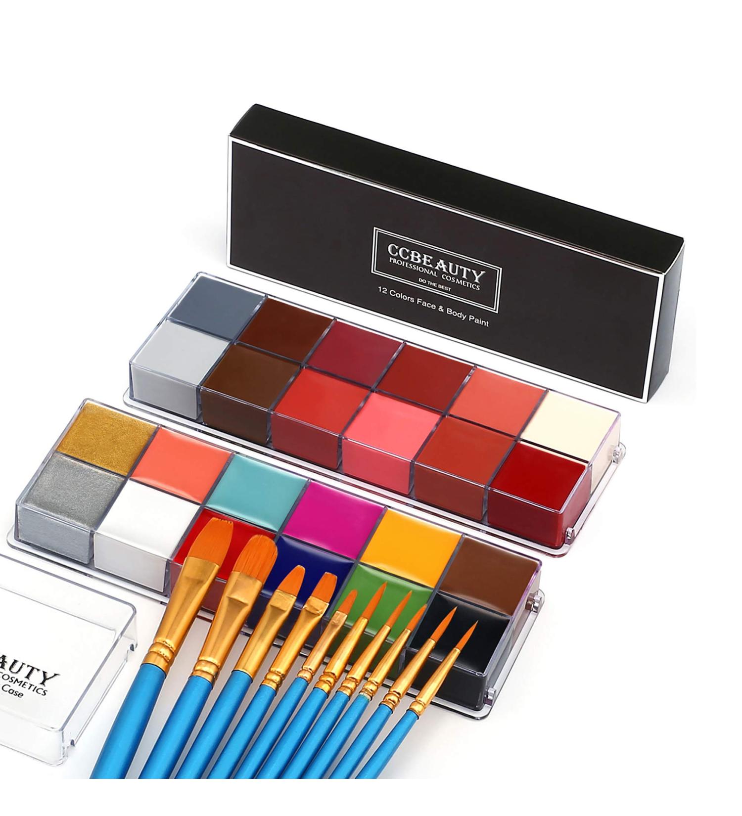 CCBeauty Professional Face Body Paint Oil Set | 24 Colors Adult Halloween Makeup Kit with 10 Blue Brushes - Buy Online on GoSupps.com