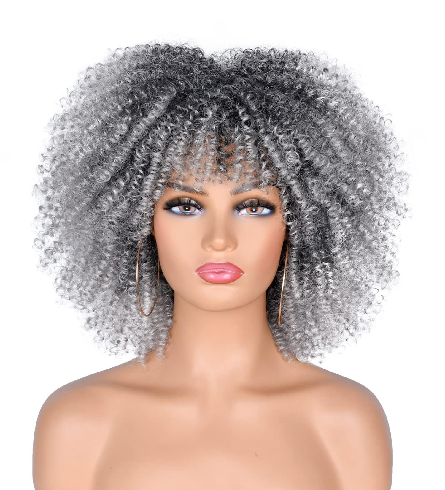 ANNISOUL 10 Short Afro Curly Wig with Bangs for Black Women - Ombre Grey Afro Kinky Curly Synthetic Full Wig - Buy Online on GoSupps.com
