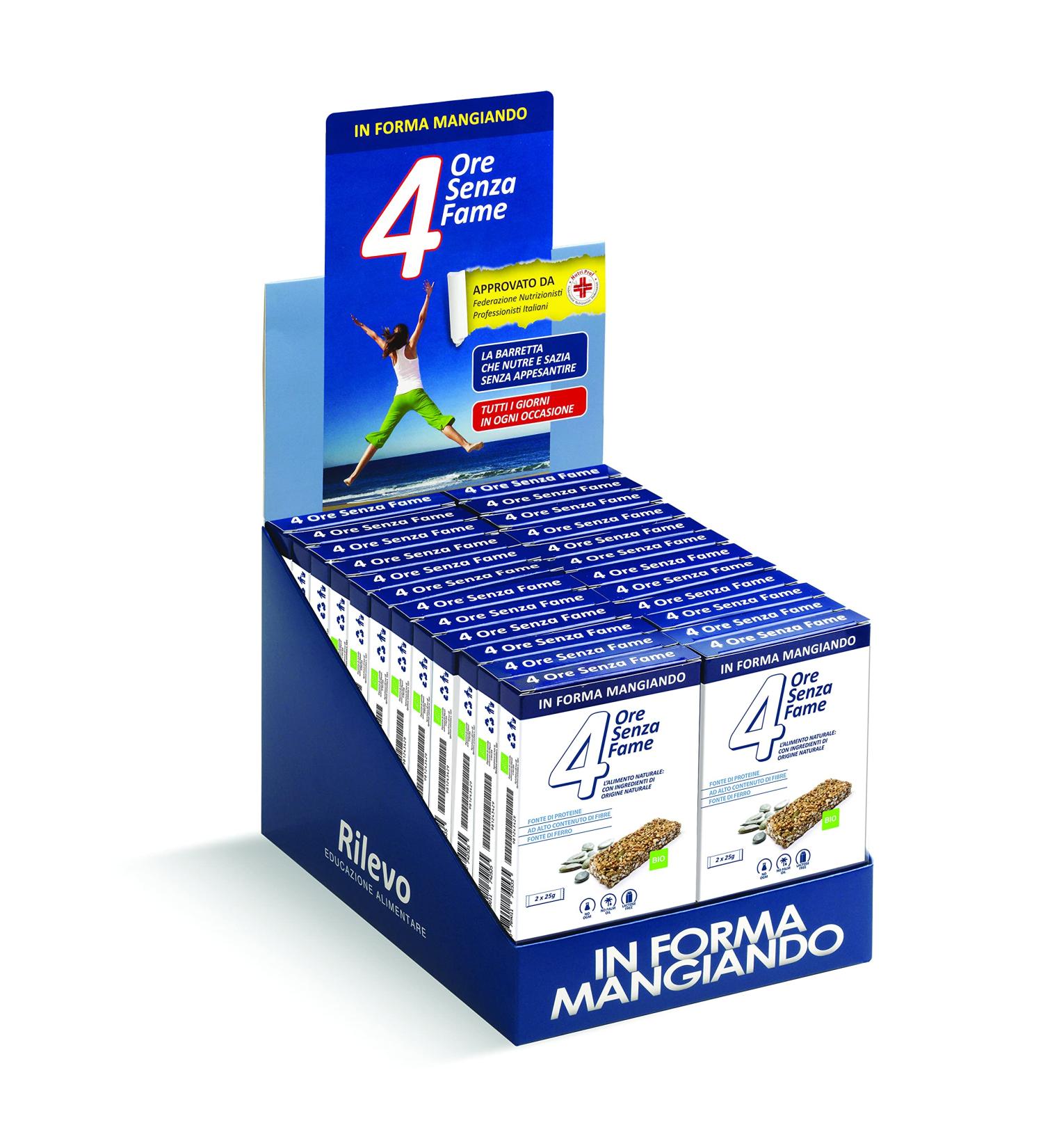  4 Ore Senza Fame Rilevo Complete Display Stand 4 Hours Without Organic Fame - 24 Individual Boxes of Two 25g Bars - 4 Hours Without Organic Fame (48 Individual Bars of 25g) - Buy Online on GoSupps.com